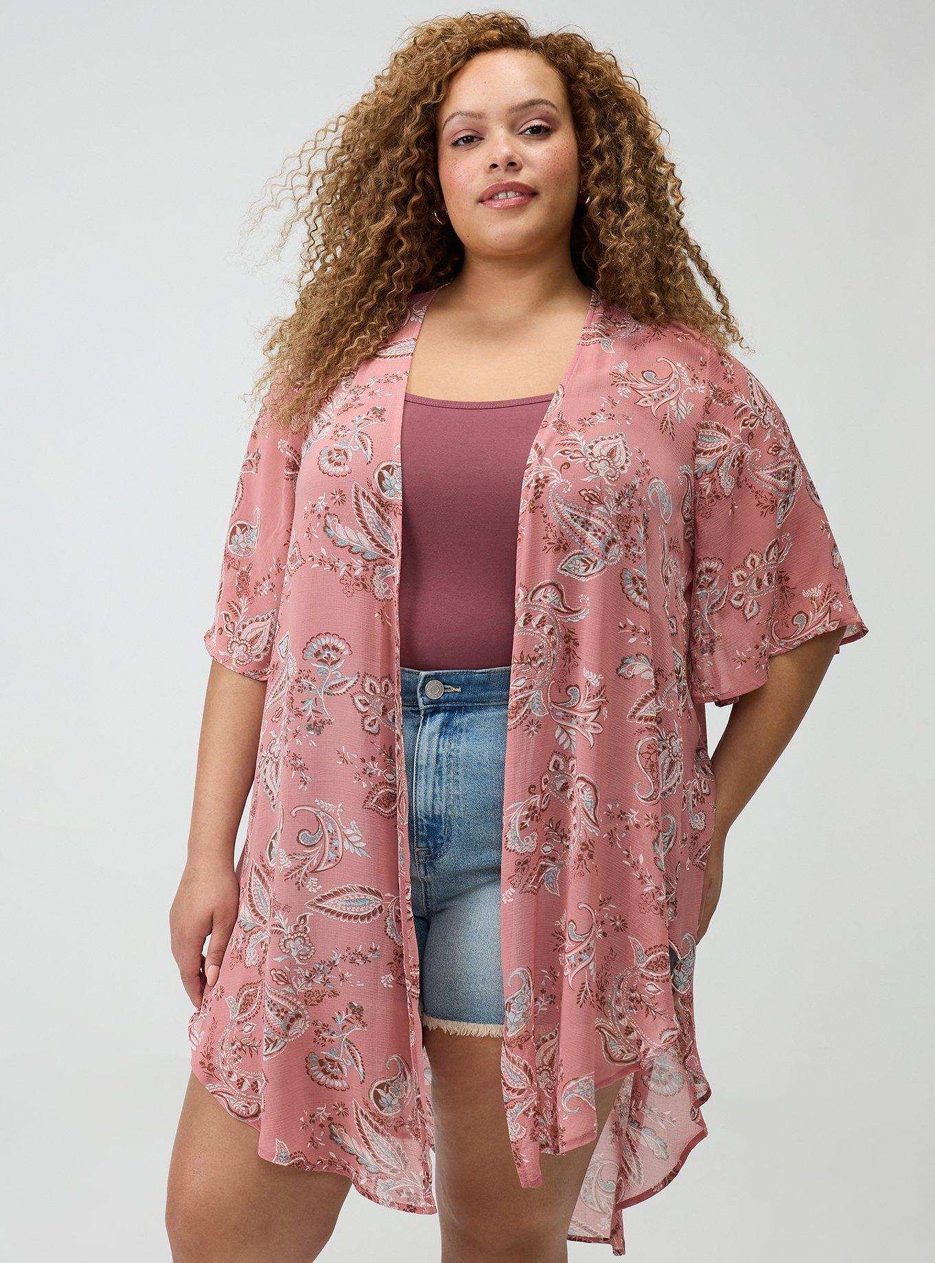 Textured Chiffon Kimono, SWEETHEART PAISLEY CORAL, hi-res