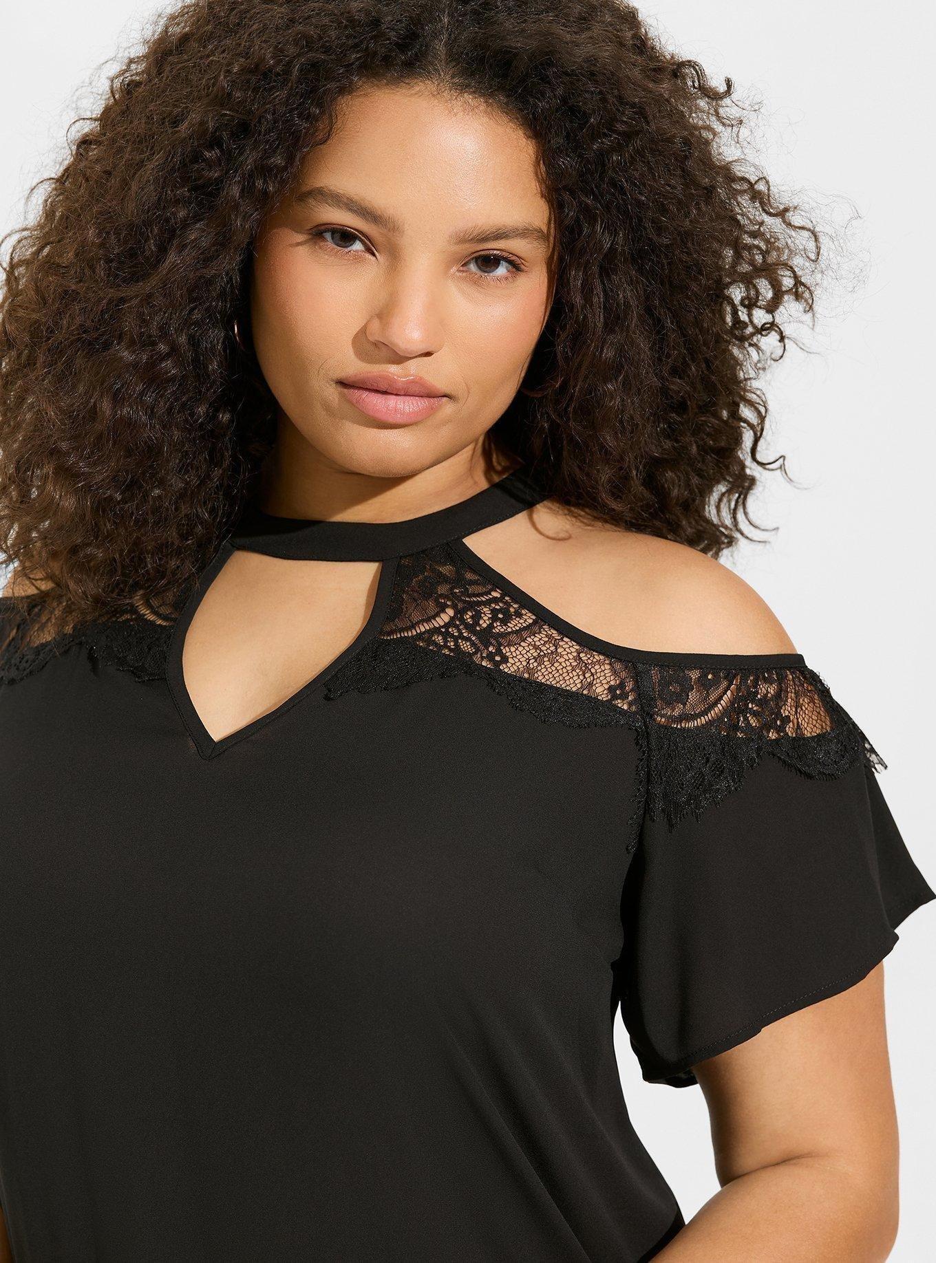 Georgette Crochet Mock Neck Cold Shoulder Top