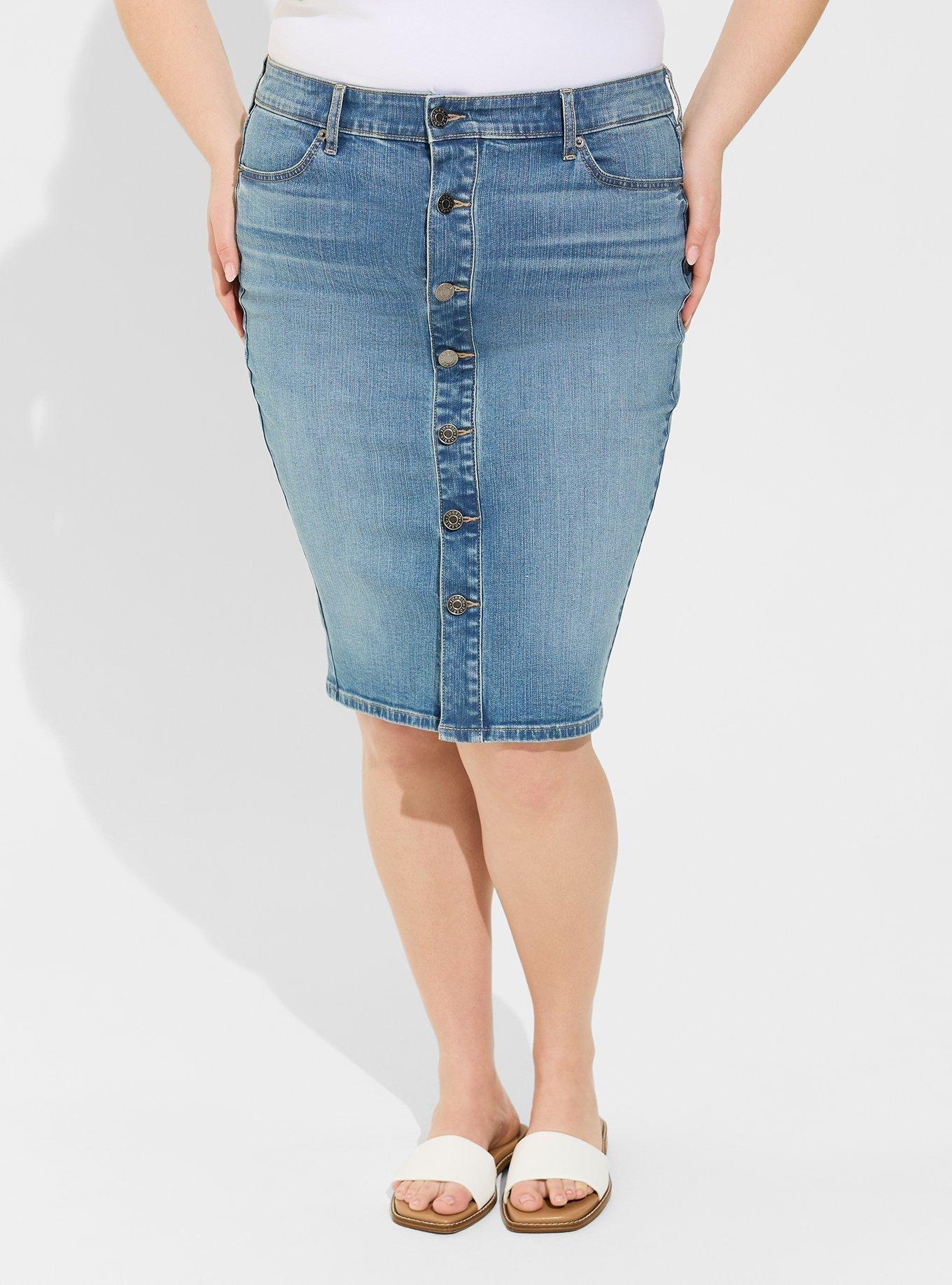 Midi Denim Button Front Skirt