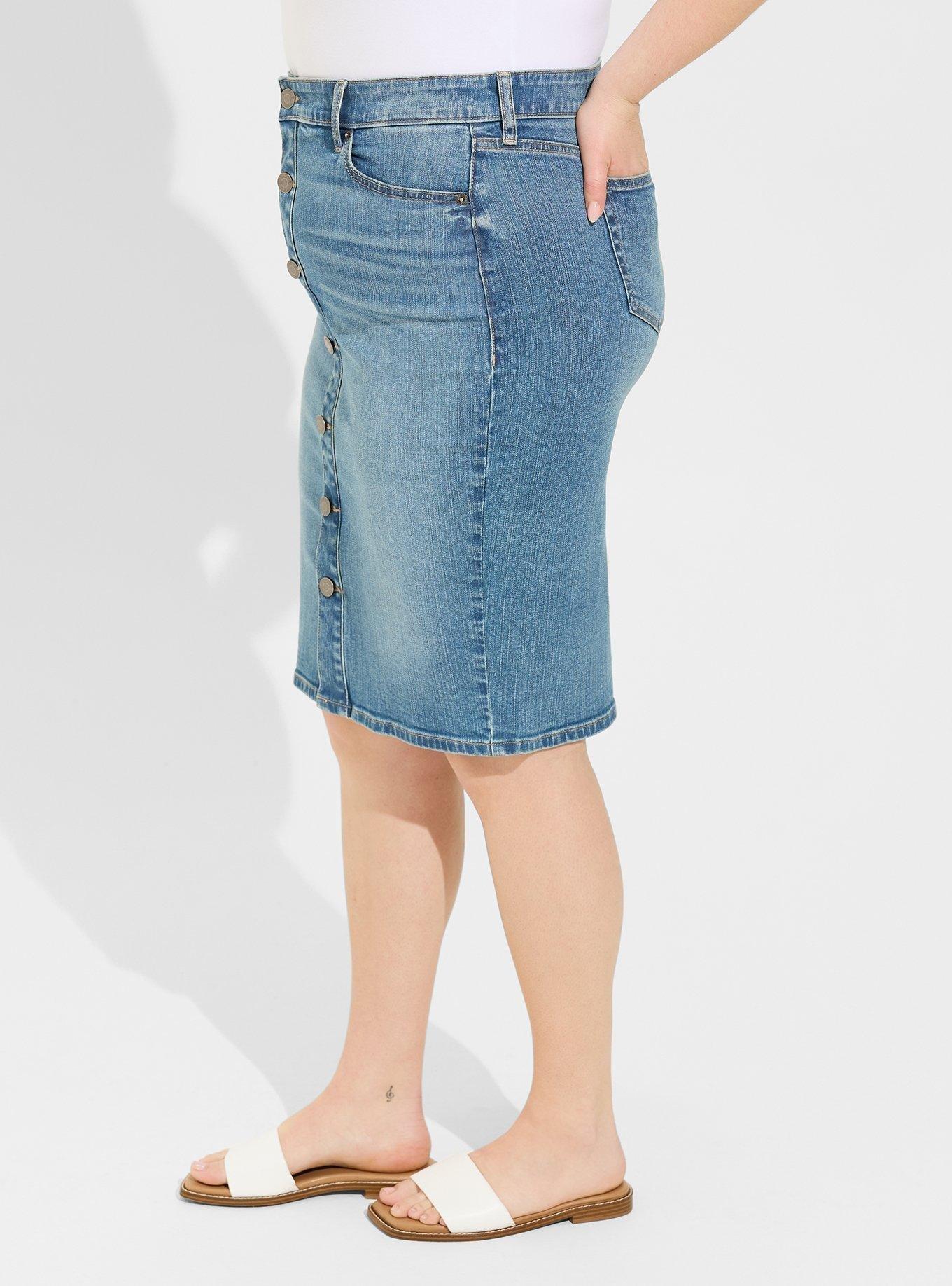 Midi Denim Button Front Skirt