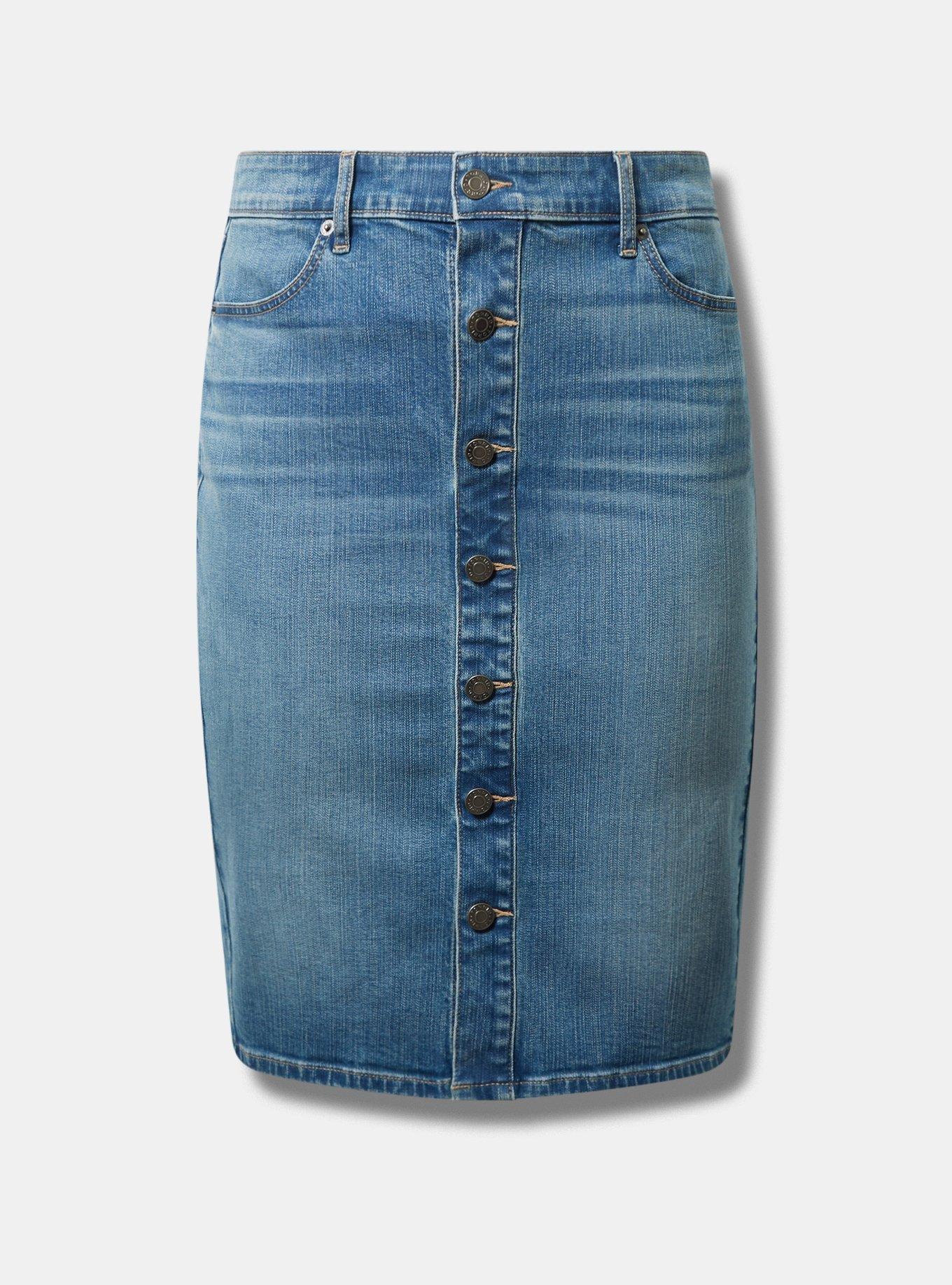 Midi Denim Button Front Skirt