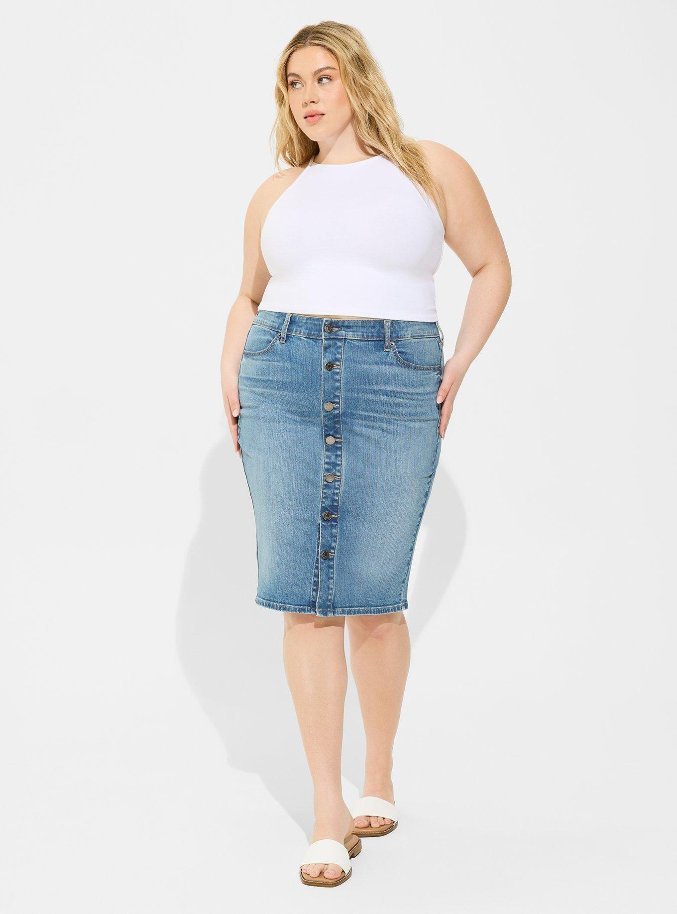 Midi Denim Button Front Skirt