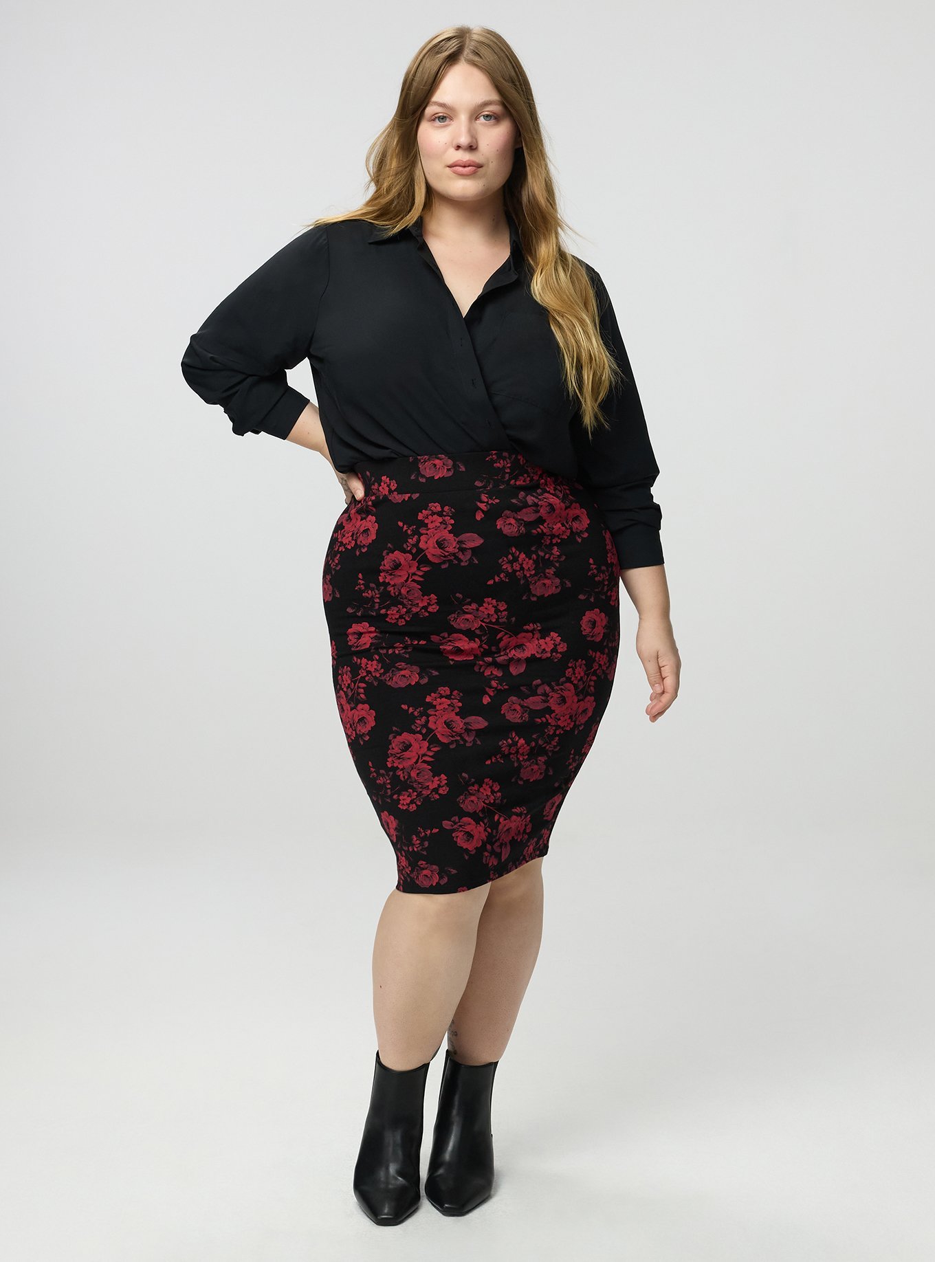 Signature Waist Pencil Skirt, ROSETTA FLORAL CRIMSON, alternate