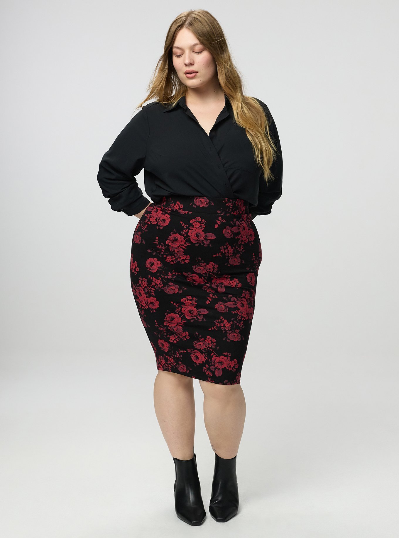 Signature Waist Pencil Skirt, ROSETTA FLORAL CRIMSON, alternate