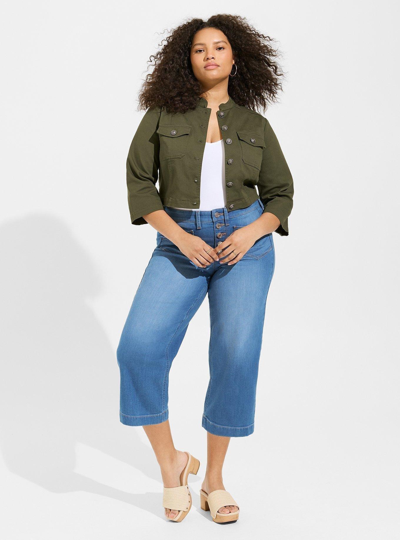 Washed Twill Denim Crop Military Jacket