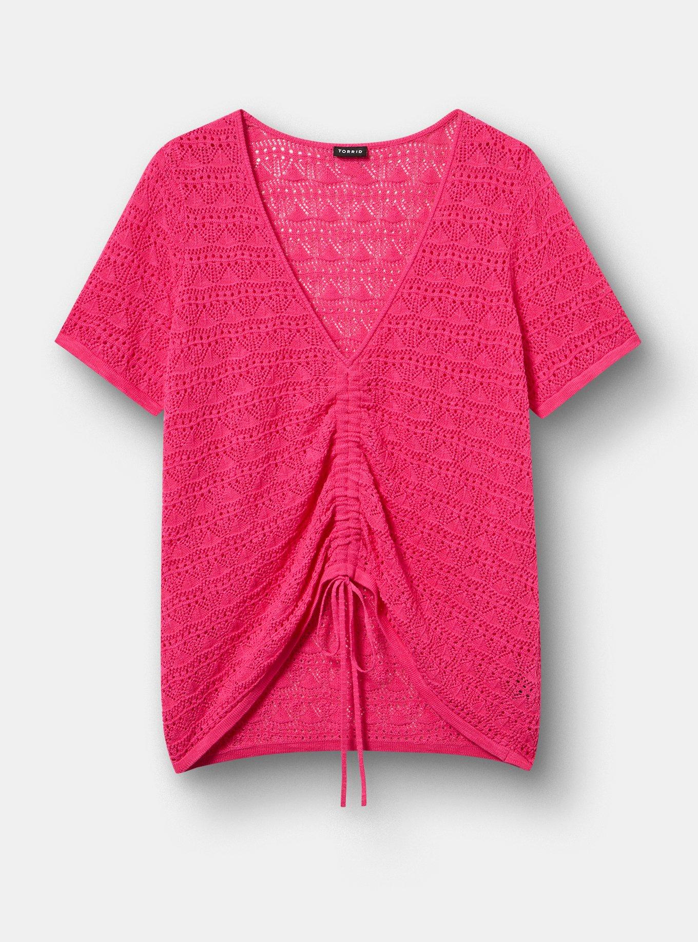 Pointelle V-Neck Pullover Sweater, BEETROOT PURPLE, flat