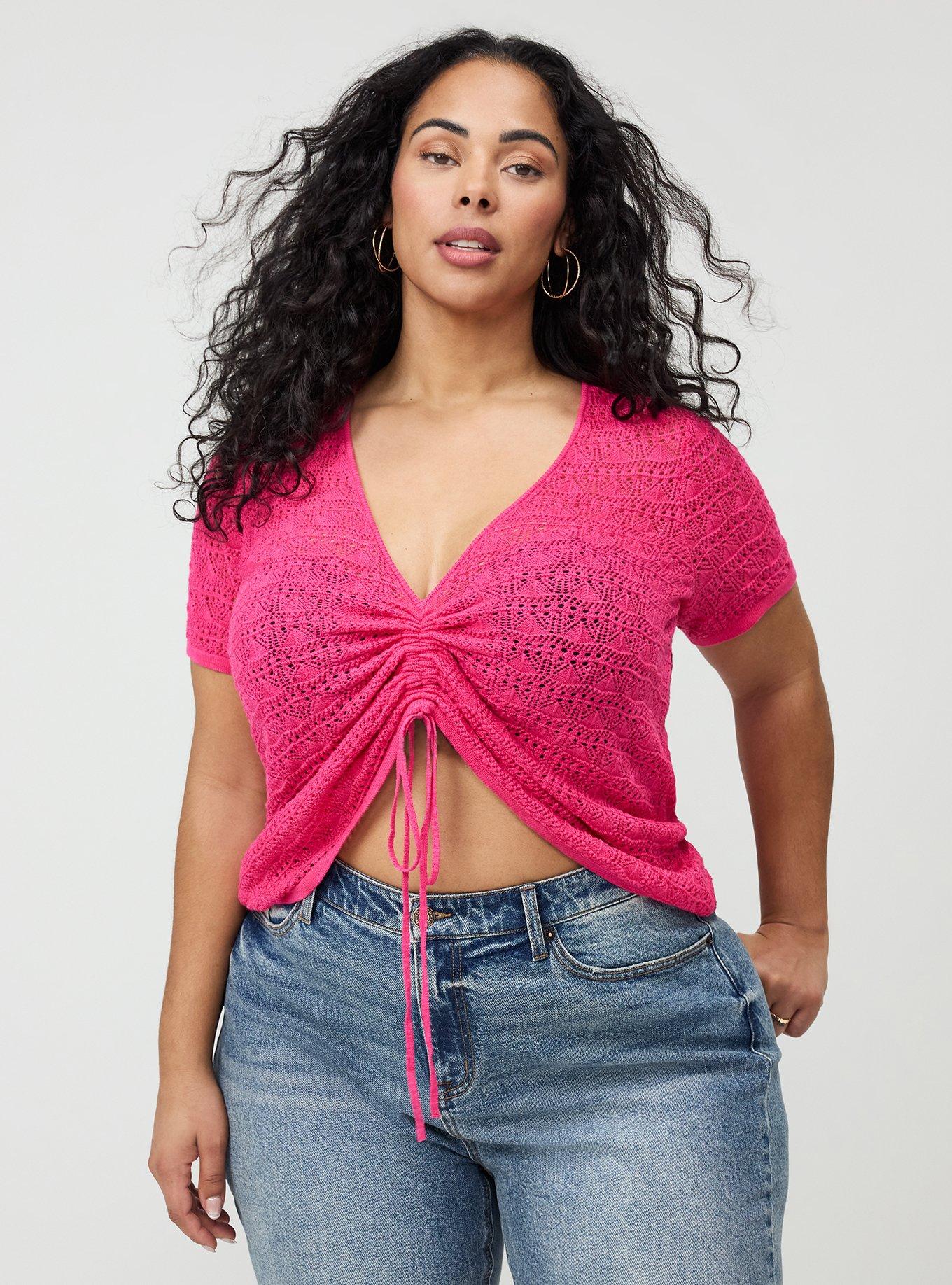 Pointelle V-Neck Pullover Sweater, BEETROOT PURPLE, hi-res