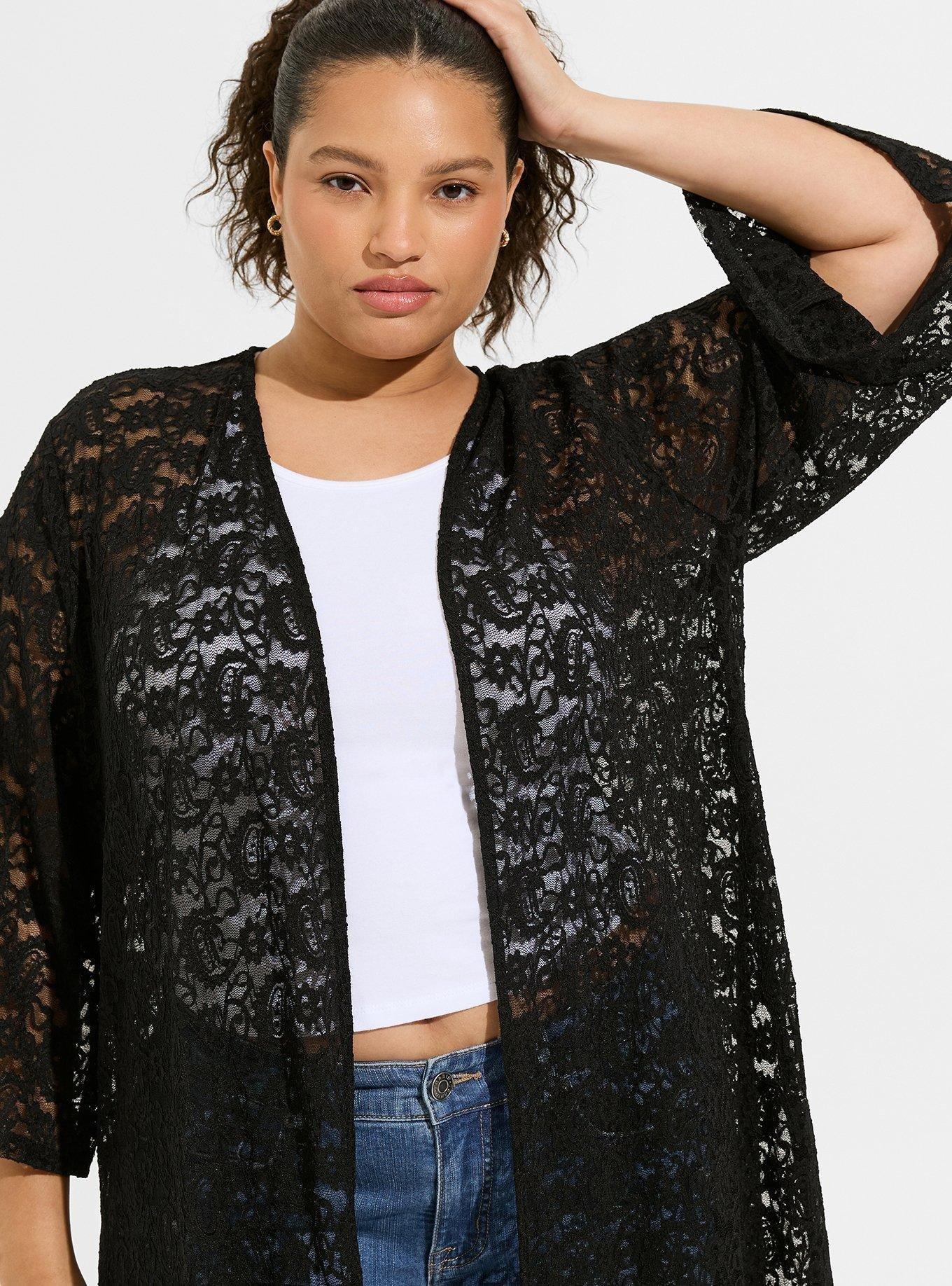 Plus Size Fringe Lace Kimono , DEEP BLACK, alternate