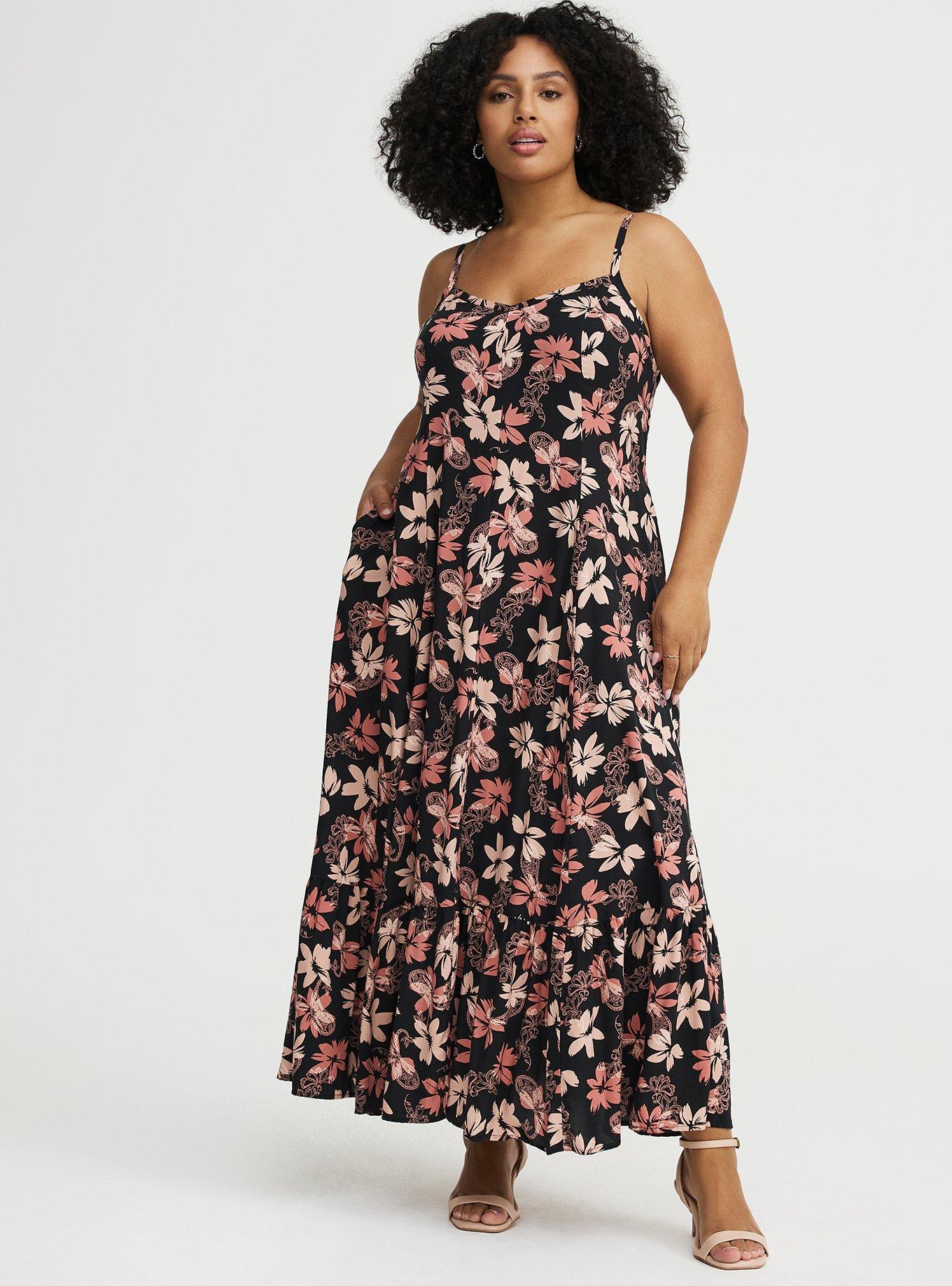 Plus Size Tiered Trapeze Maxi Dress, BACKLIGHT PAISLEY FLORAL BLACK, hi-res