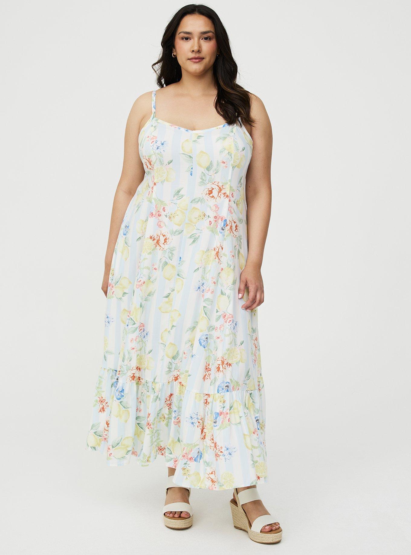 Plus Size Tiered Trapeze Maxi Dress, CRUSING LEMON FLORAL MULTI, hi-res