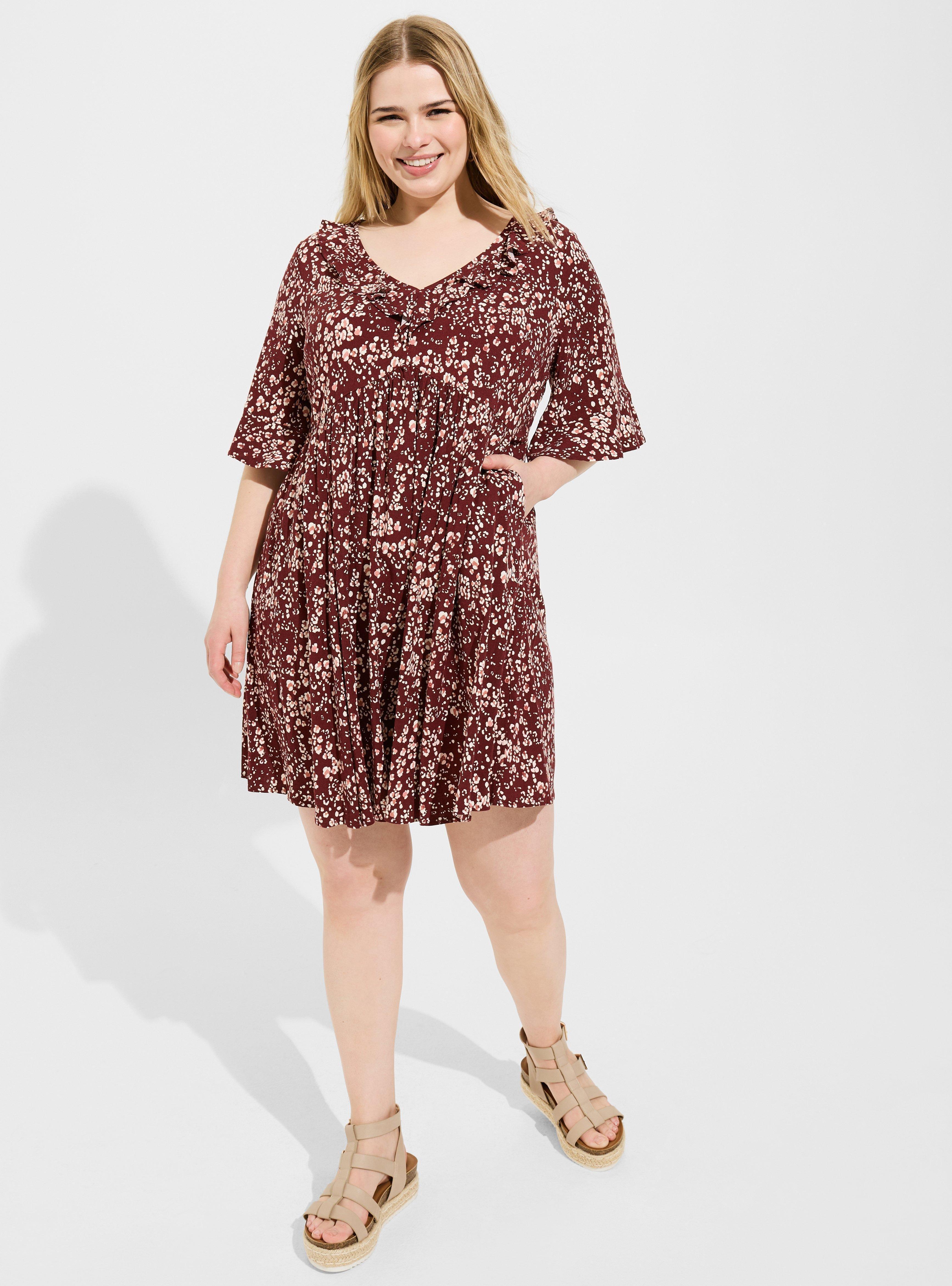 Mini Rayon Slub Ruffle Neckline Dress