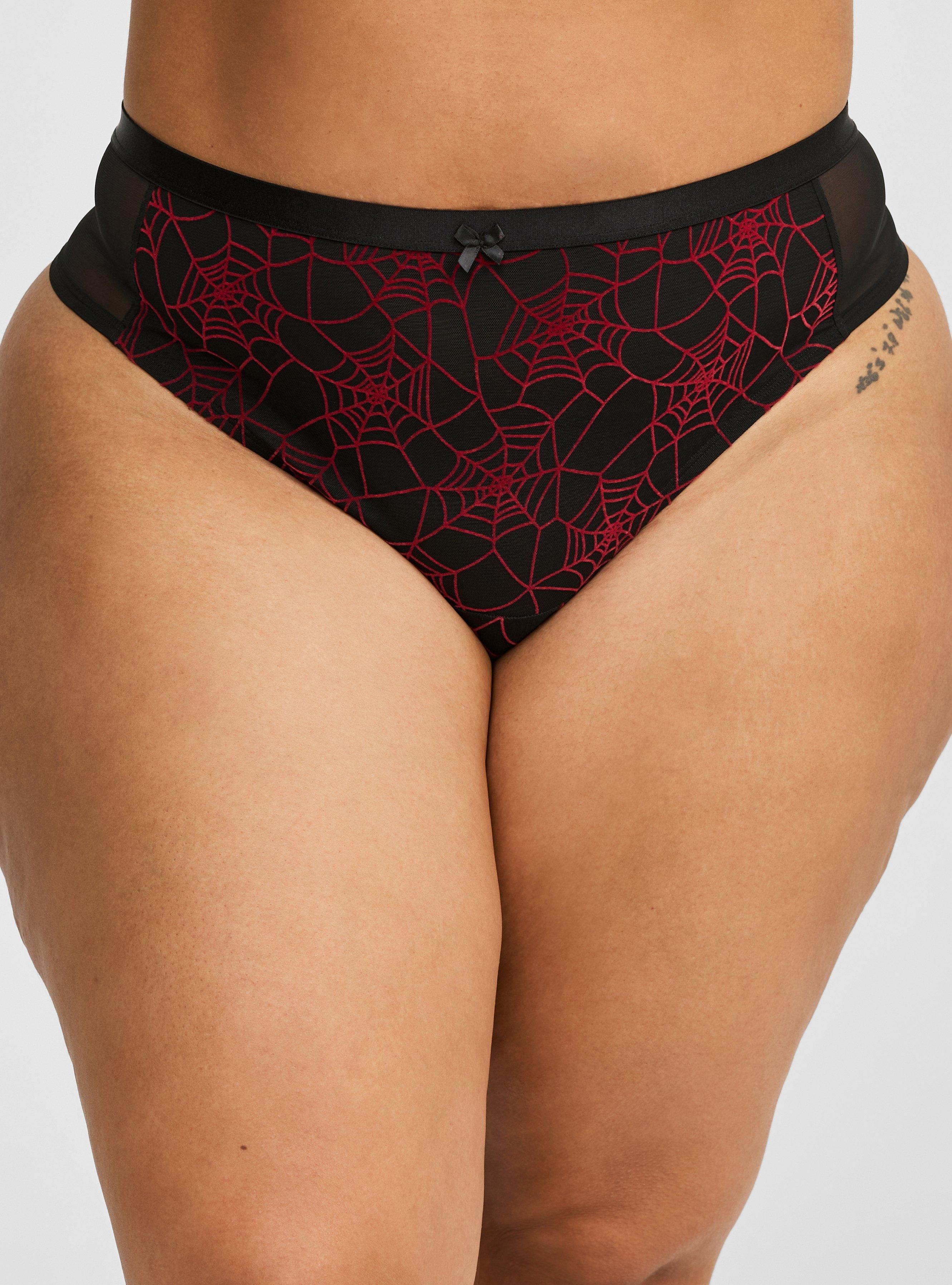 Flocked Mesh Wide Side Thong, ALLOVER SPIDERWEBS BLACK, alternate