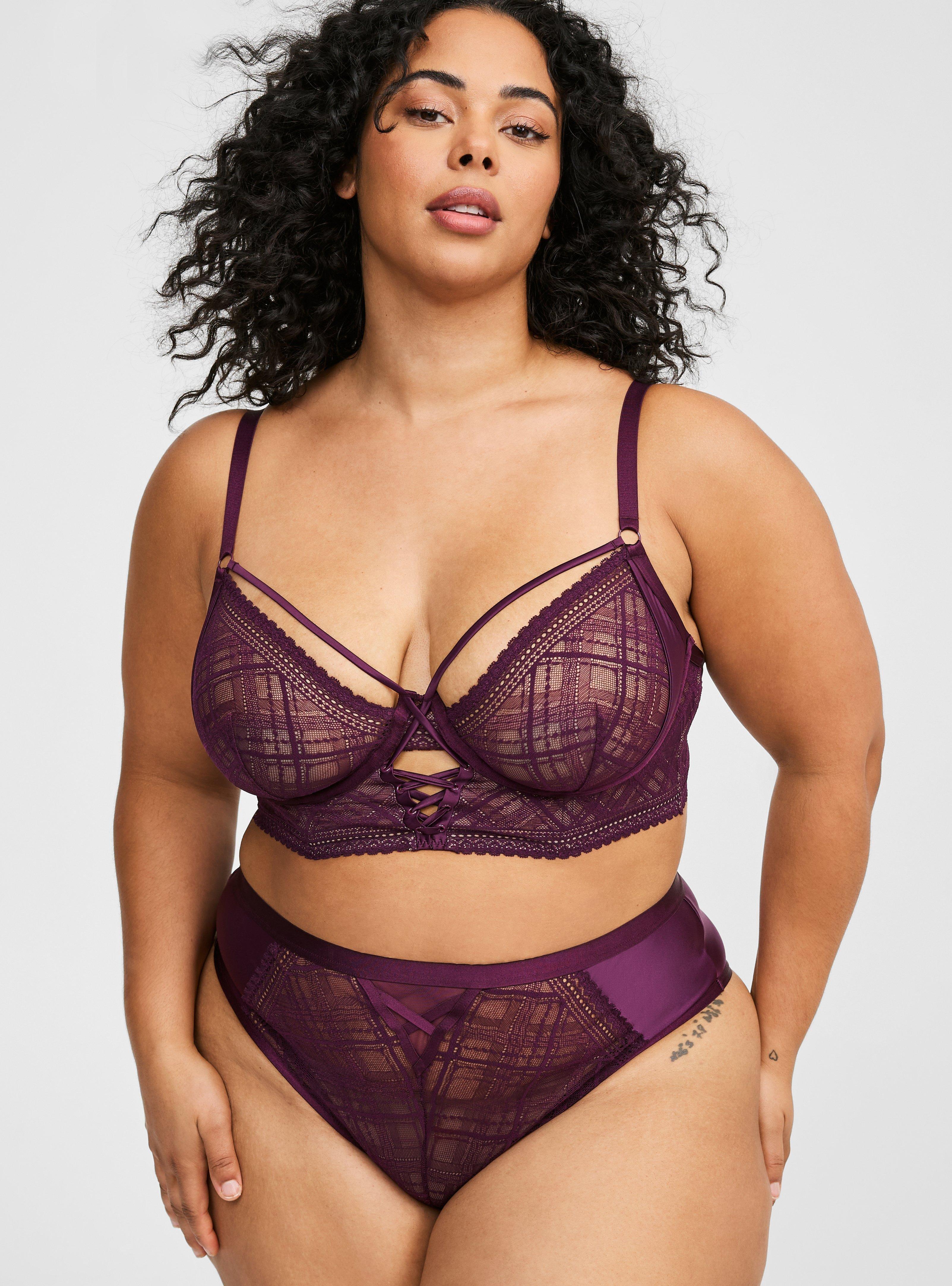 Plaid Lace Grommet Lace-Up Underwire Bra, DARKEST PLUM, alternate