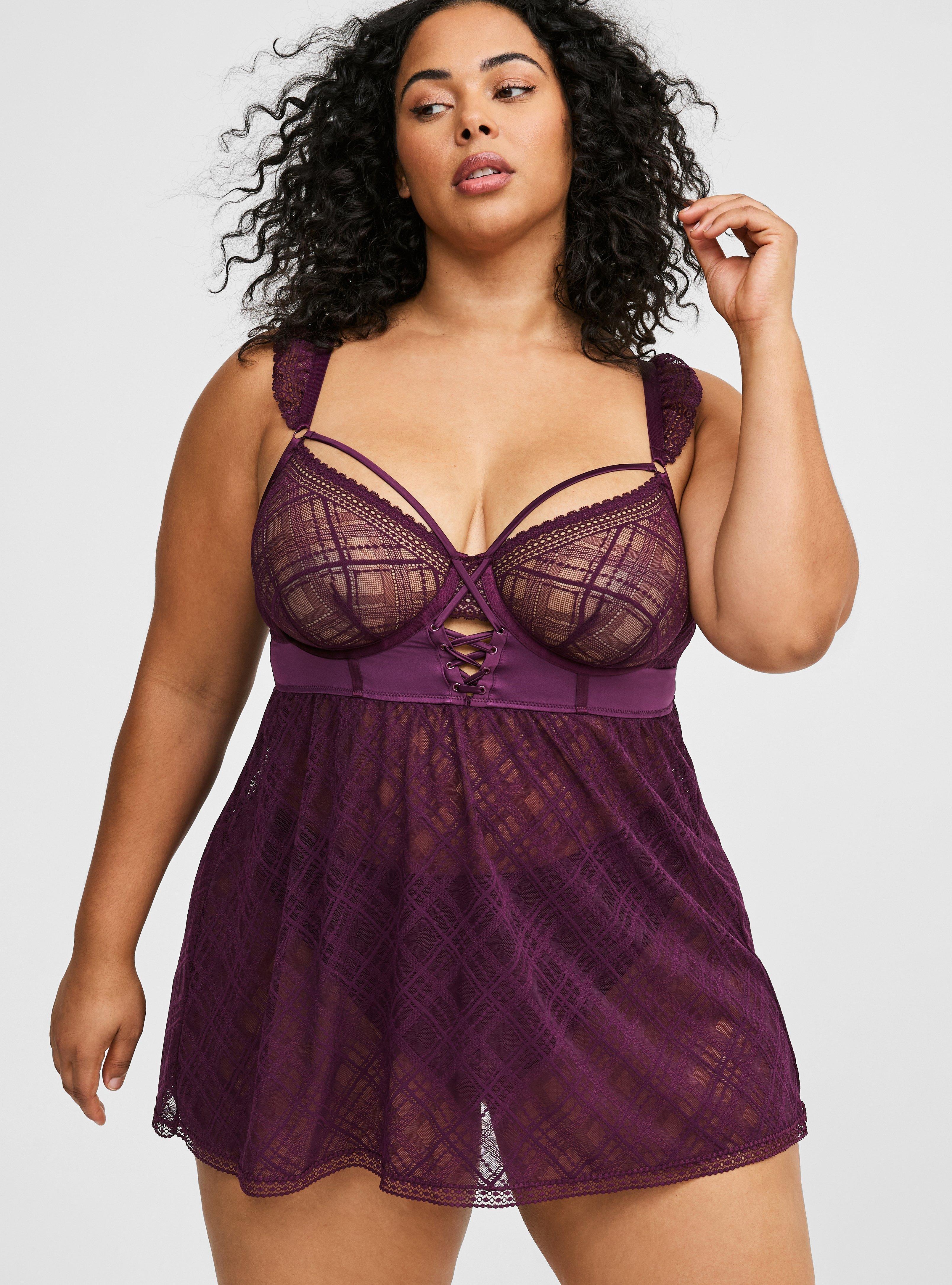 Plaid Lace Underwire Grommet Up Babydoll