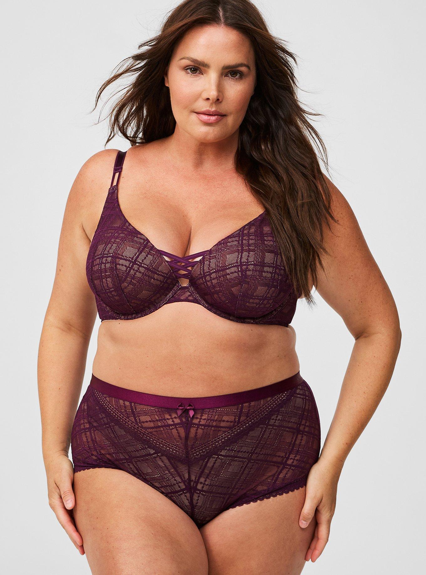 XO Plunge Push Up Plaid Lace Straight Back Bra, DARKEST PLUM, alternate