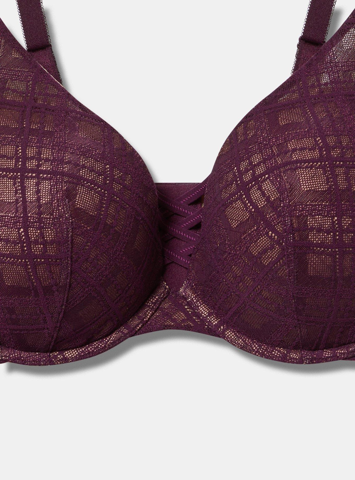 XO Plunge Push Up Plaid Lace Straight Back Bra, DARKEST PLUM, alternate