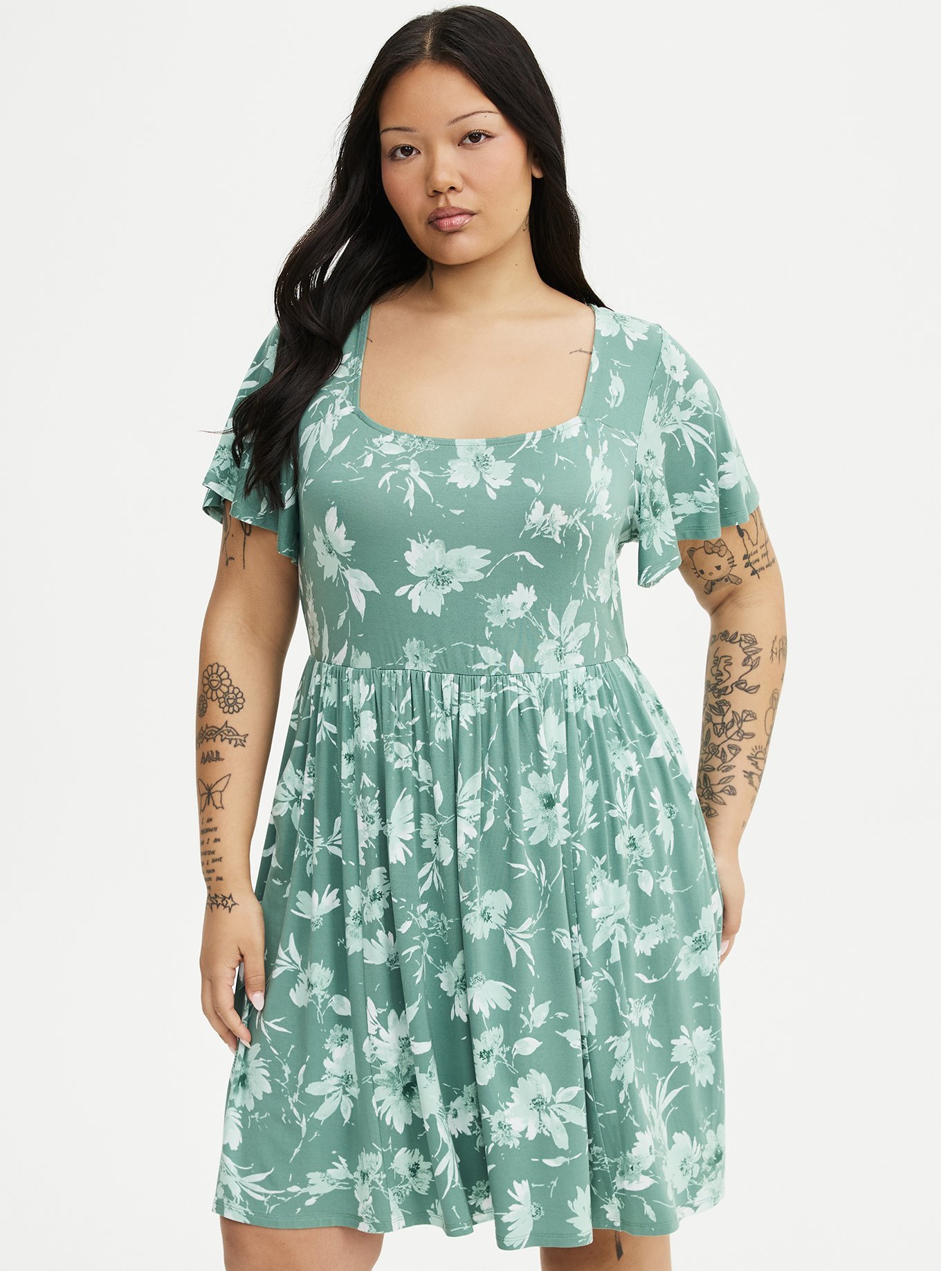 knee length skater dress with sleeves Plus Size - Flutter Sleeve Mini Color: Greys/Neutrals
