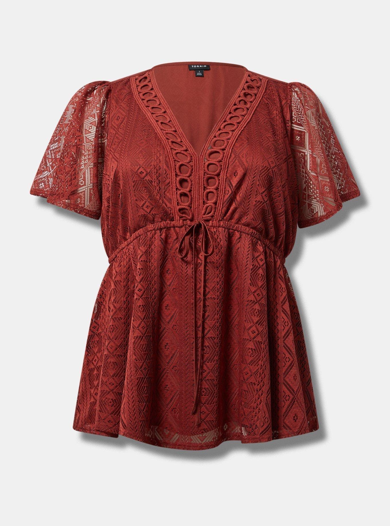 Cotton Lace Tie Front V-Neck Blouse
