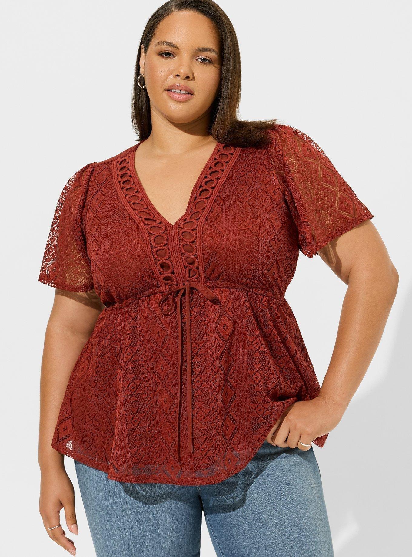 Cotton Lace Tie Front V-Neck Blouse