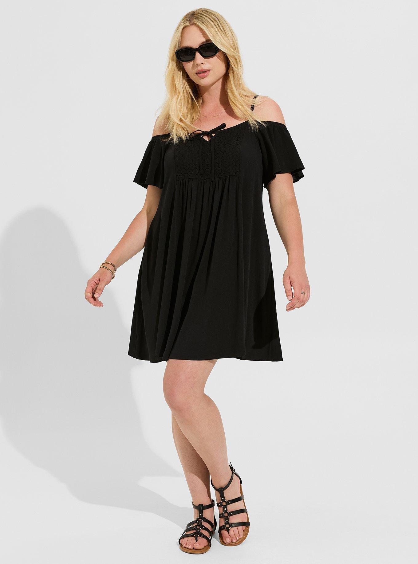 Mini Gauze Cold Shoulder Trapeze Dress, DEEP BLACK, alternate