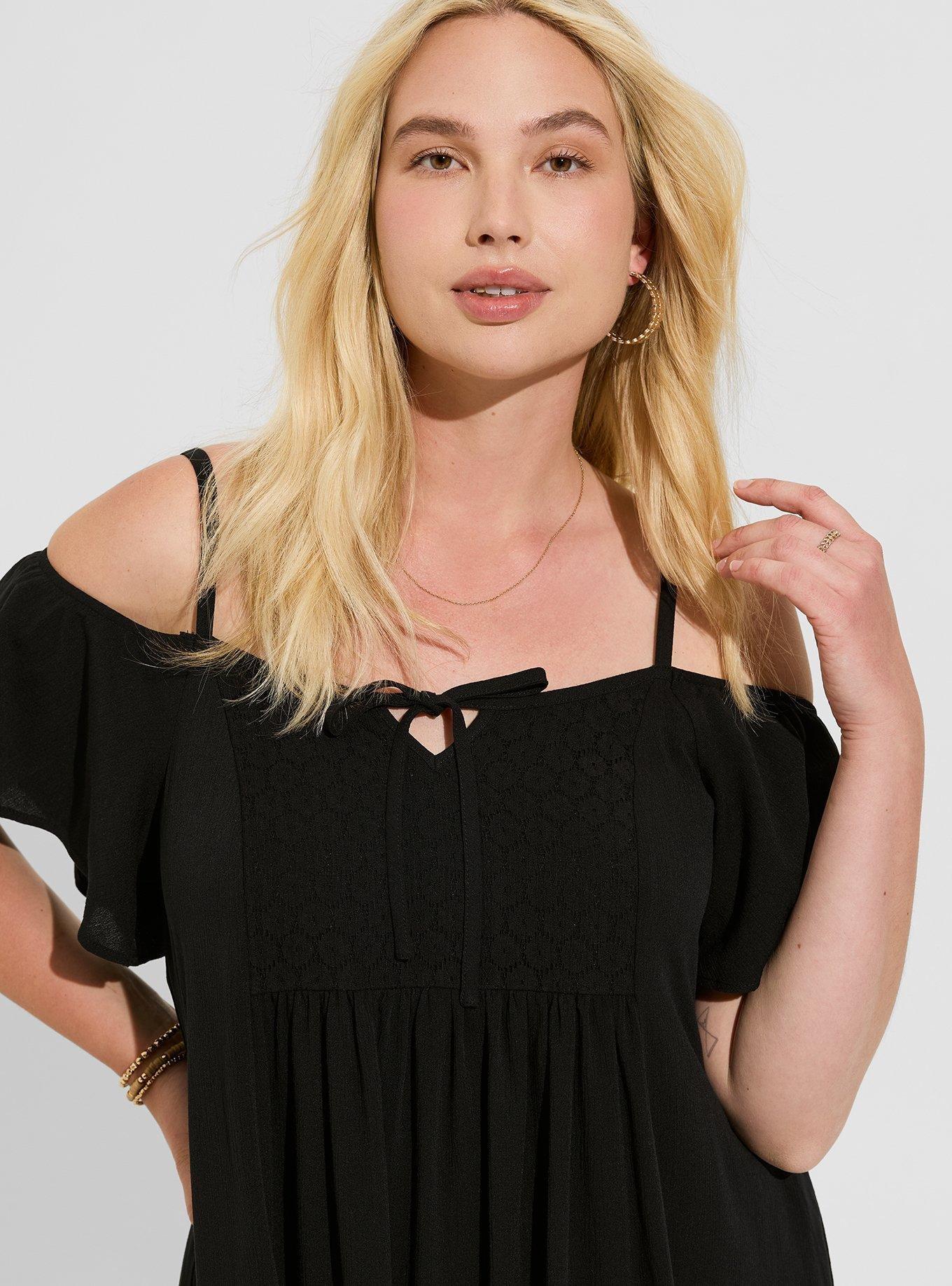 Mini Gauze Cold Shoulder Trapeze Dress, DEEP BLACK, alternate