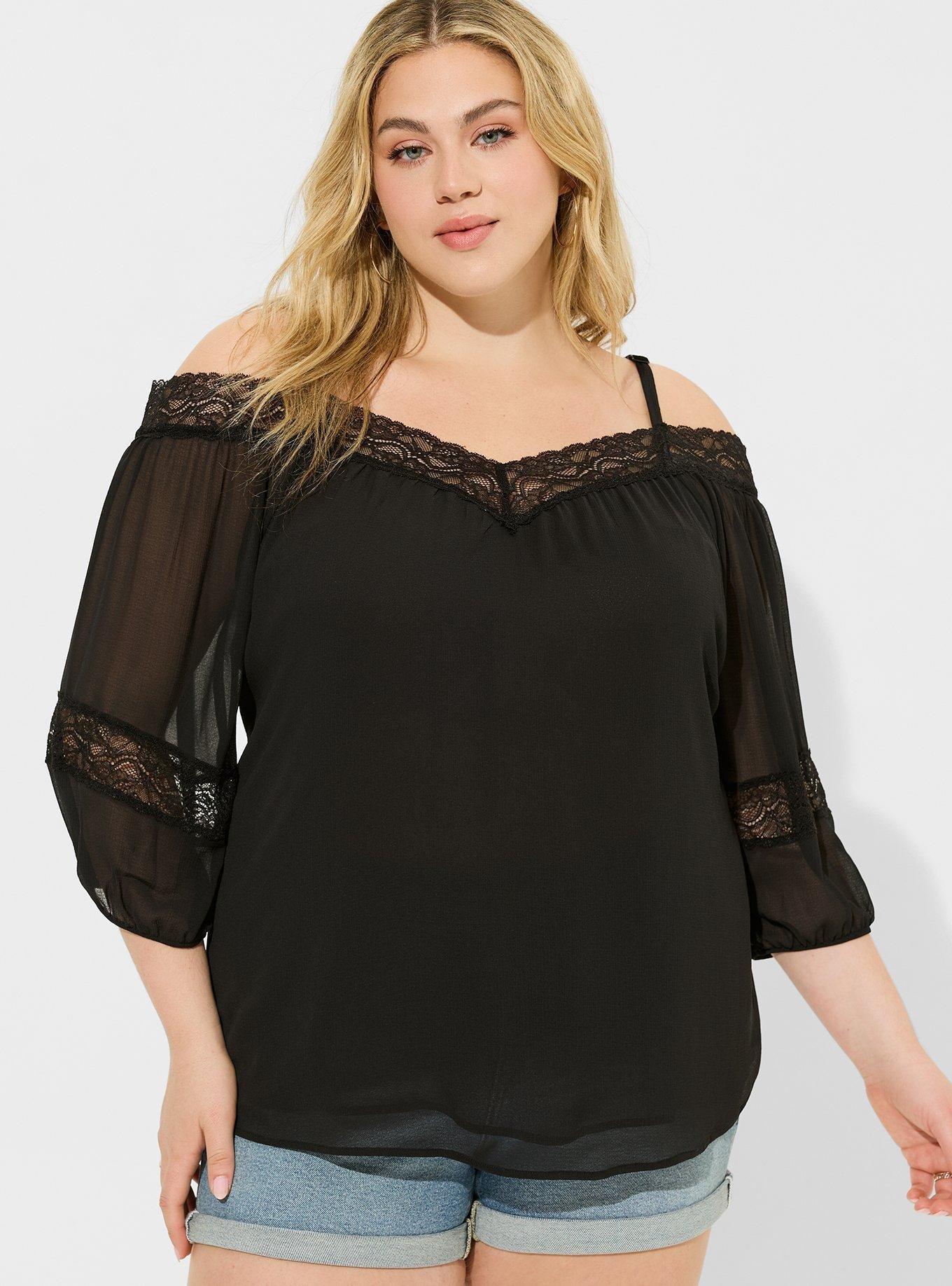 Chiffon Lace Trim 3/4 Sleeve Cold Shoulder Blouse