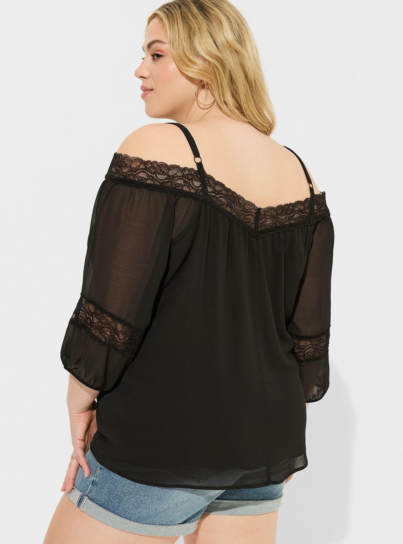 Chiffon Lace Trim 3/4 Sleeve Cold Shoulder Blouse