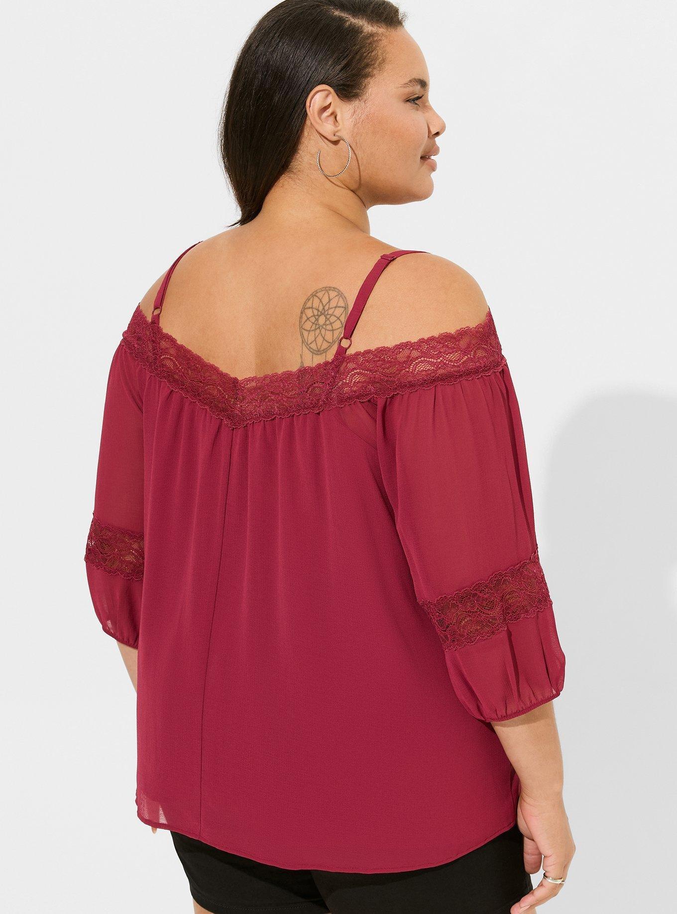 Chiffon Lace Trim 3/4 Sleeve Cold Shoulder Blouse