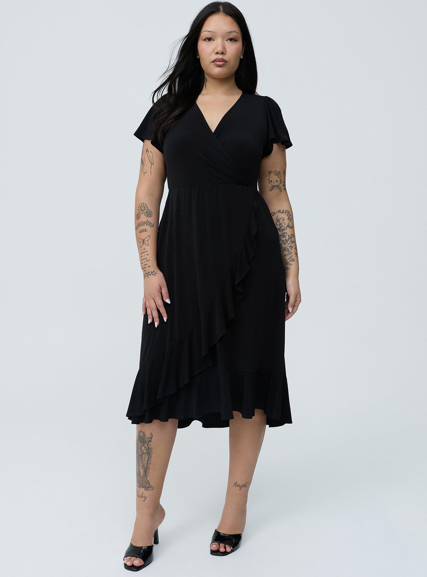 Surplice Tiered Midi Dress, DEEP BLACK, hi-res