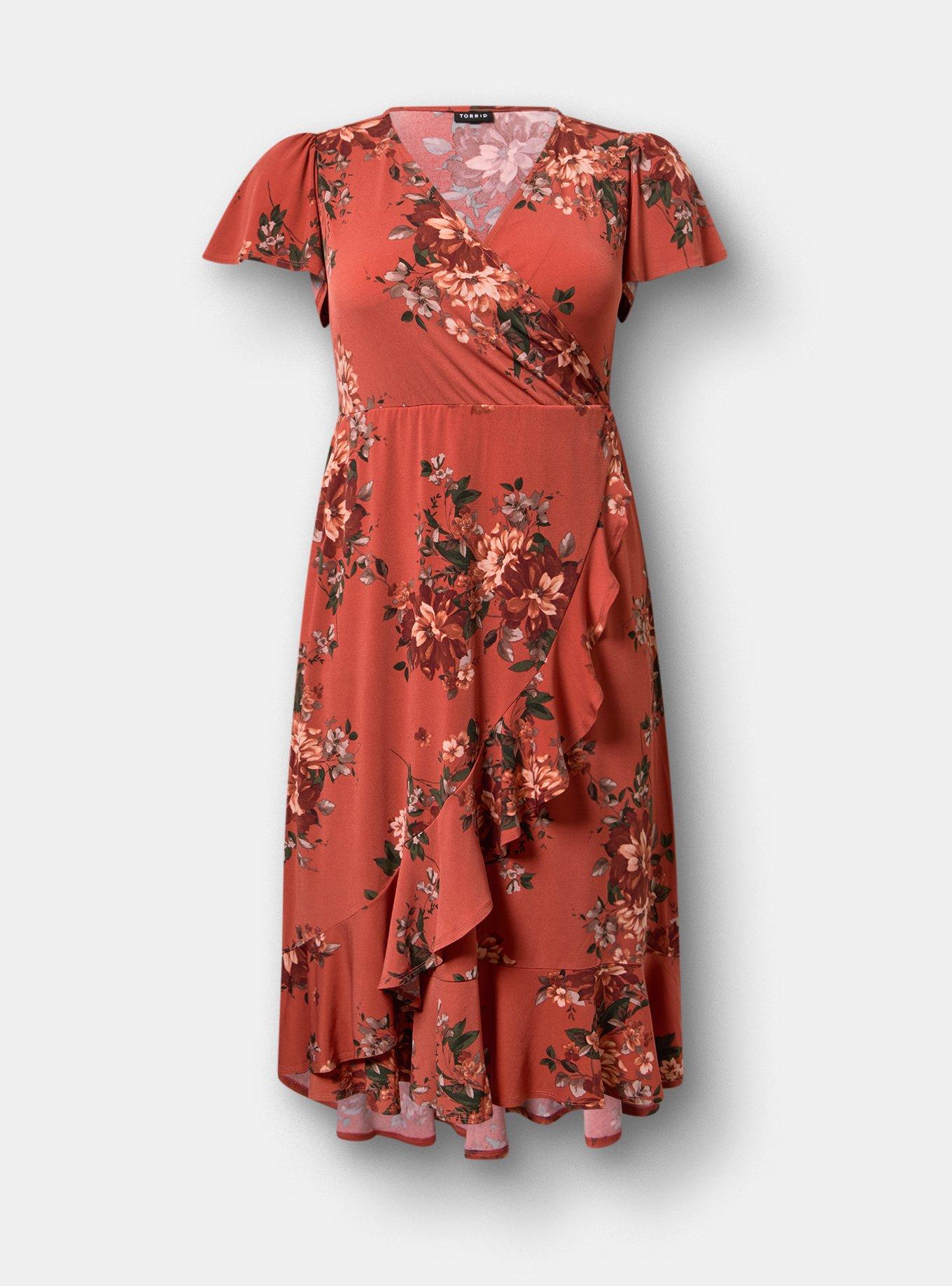 Surplice Midi Dress, CELEBRATION FLORAL ORANGE, hi-res
