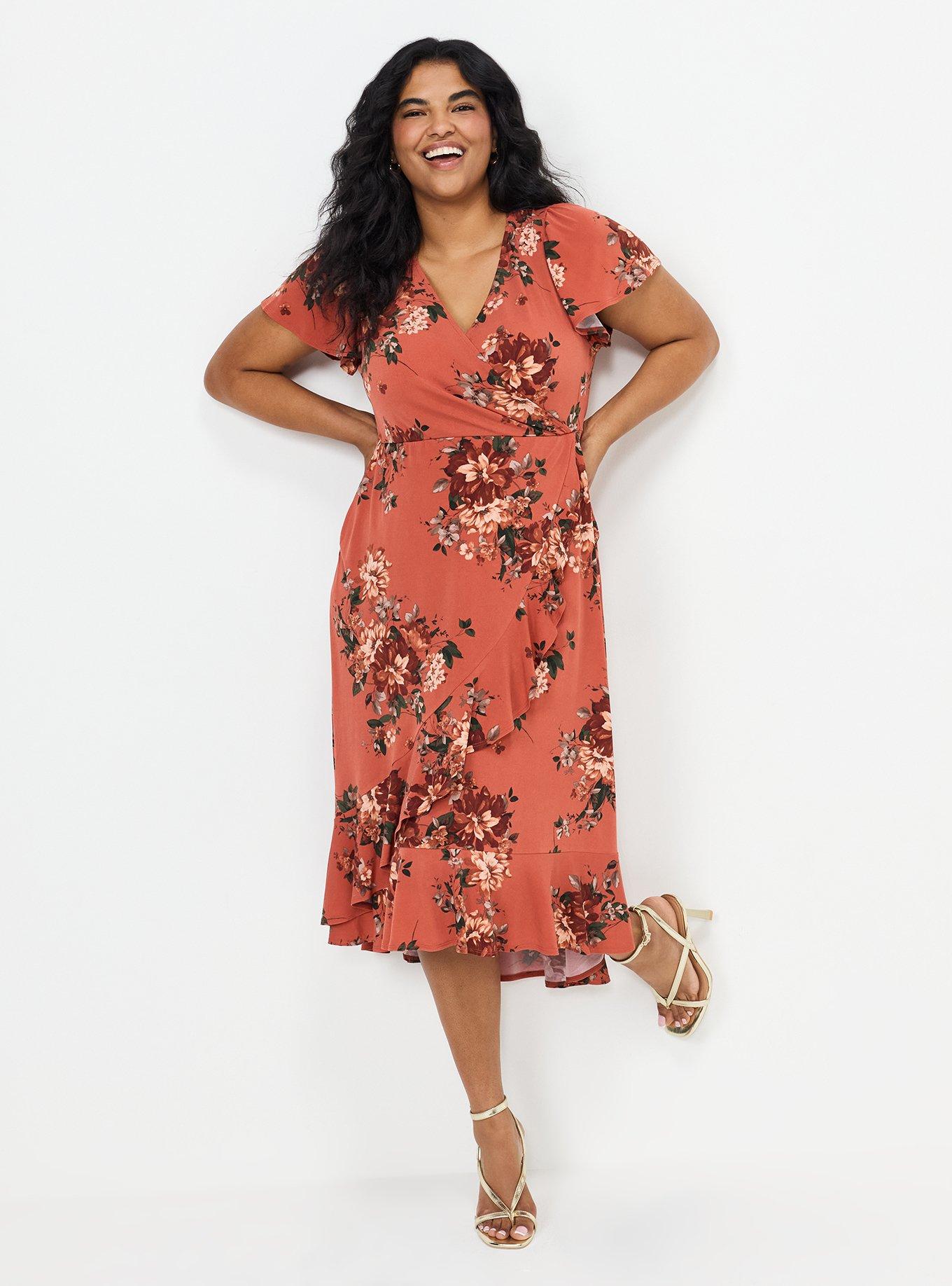 Surplice Midi Dress, CELEBRATION FLORAL ORANGE, hi-res
