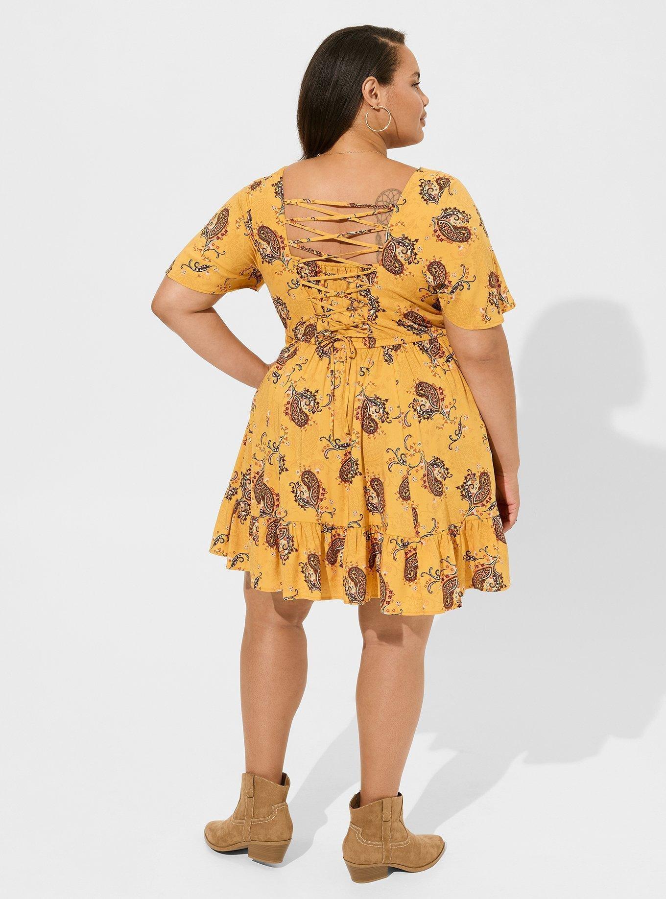 Mini Wash Challis Flutter Sleeve Lace Back Dress, PAISLEY DANCE MINERAL YELLOW, alternate