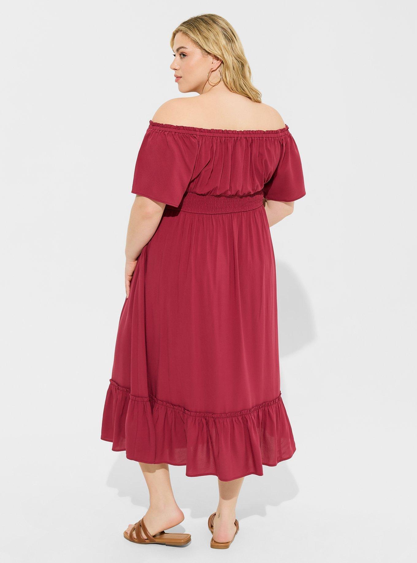 Tea Length Challis Off Shoulder Peasant Dress