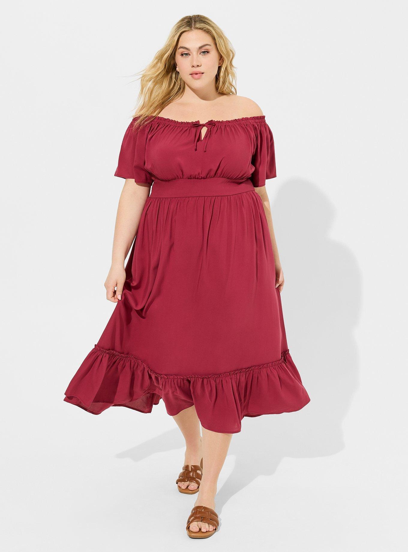 Tea Length Challis Off Shoulder Peasant Dress