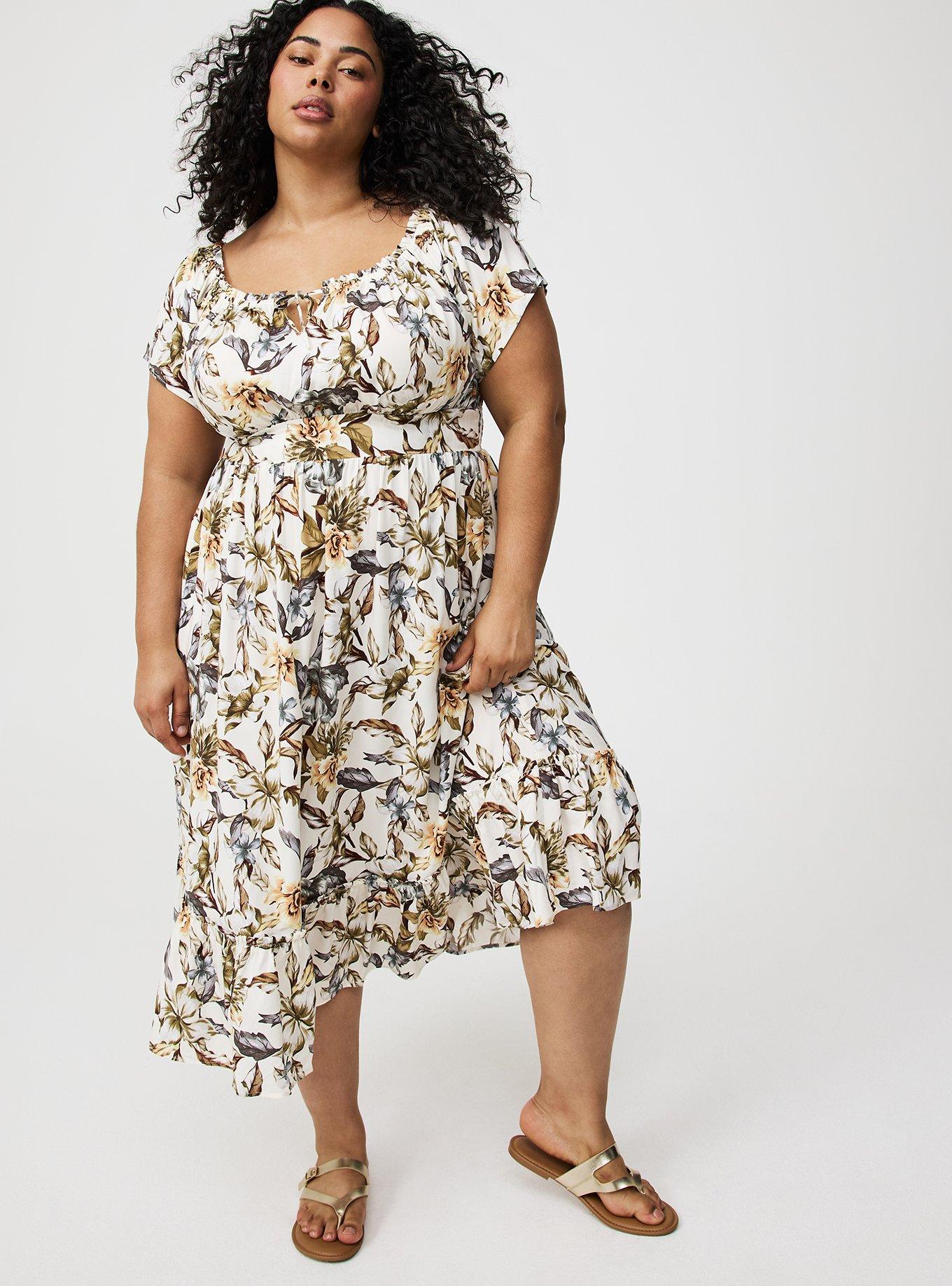 Washable Challis Off-Shoulder Tea Dress
