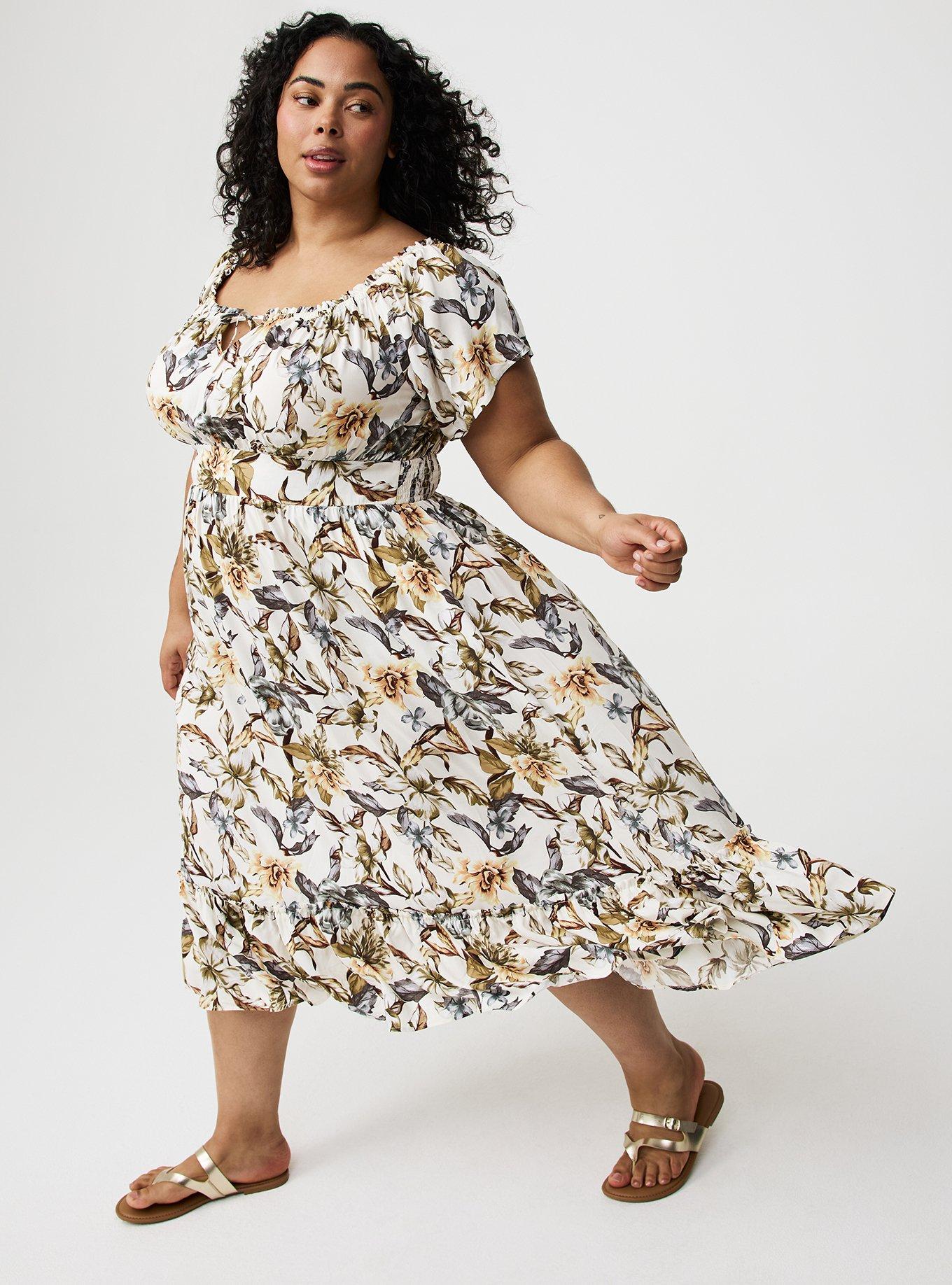 Tea Length Challis Off Shoulder Peasant Dress