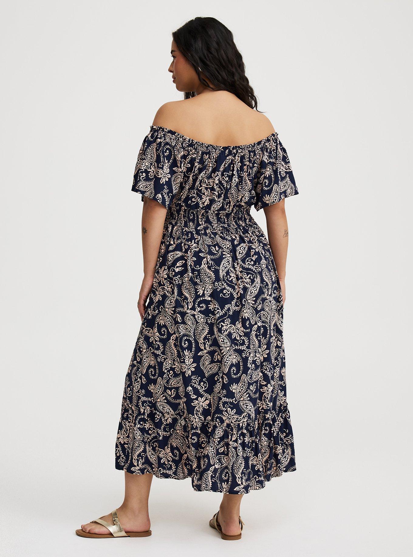 Washable Challis Off-Shoulder Tea Dress