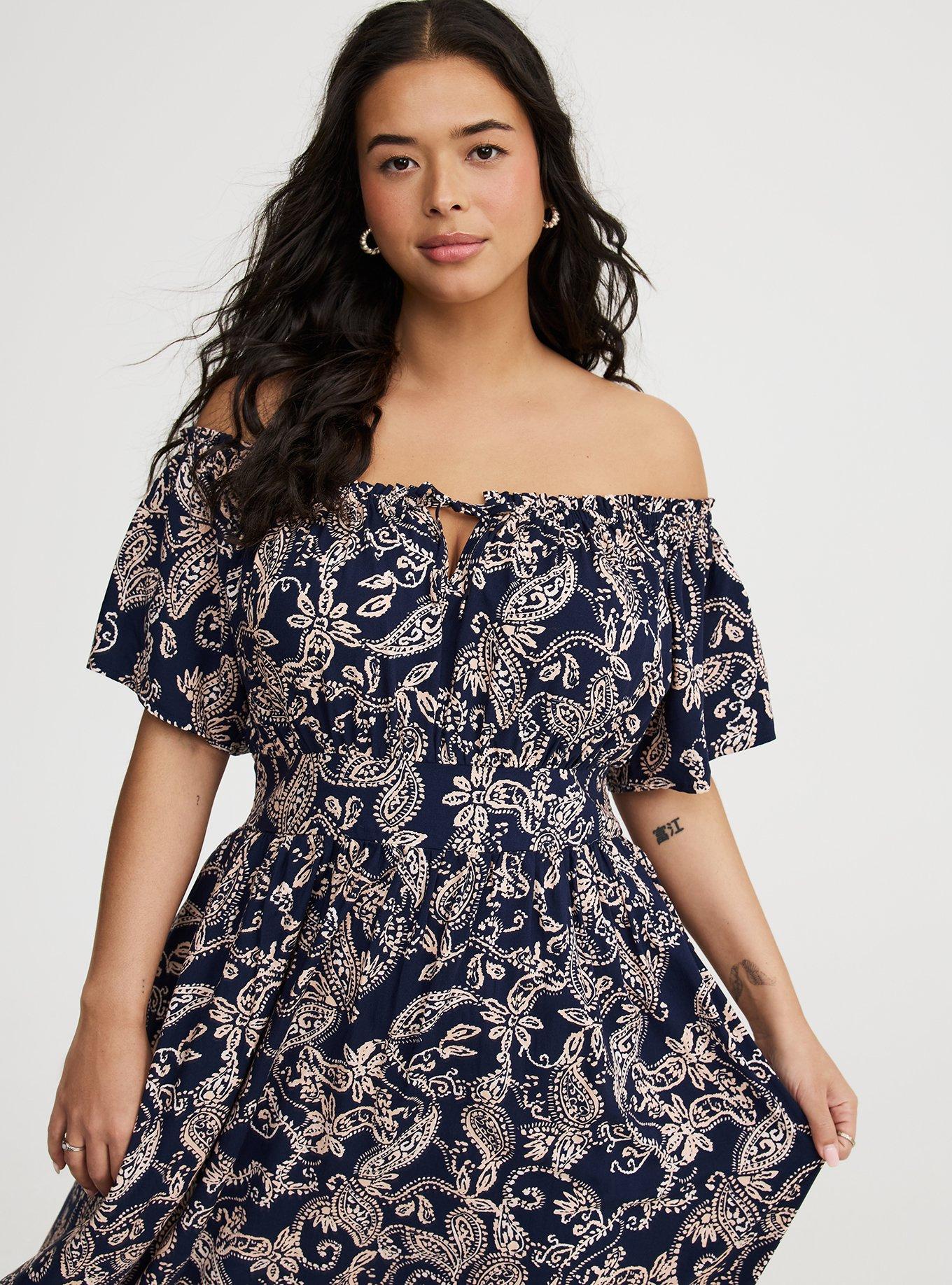 Washable Challis Off-Shoulder Tea Dress
