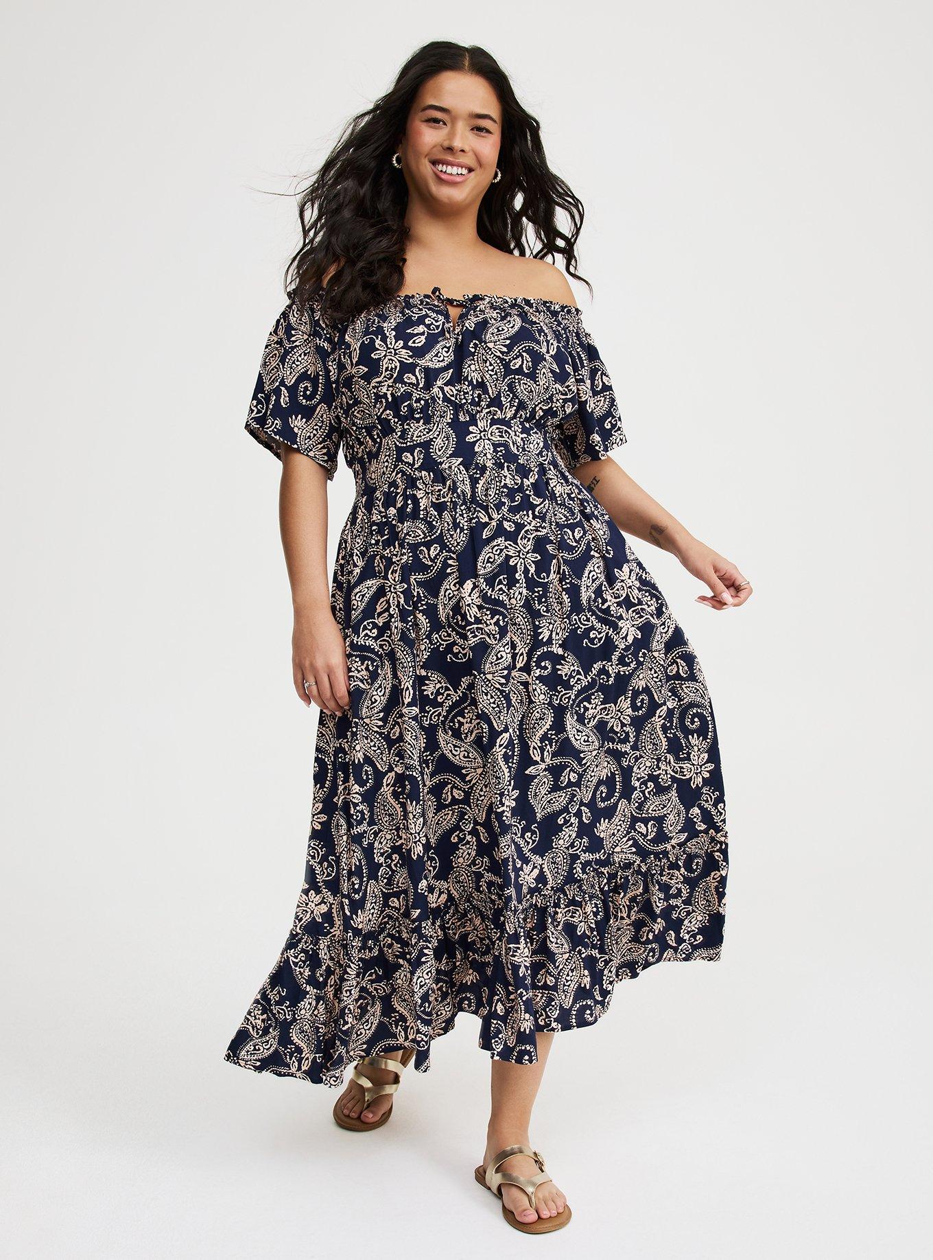 Washable Challis Off-Shoulder Tea Dress