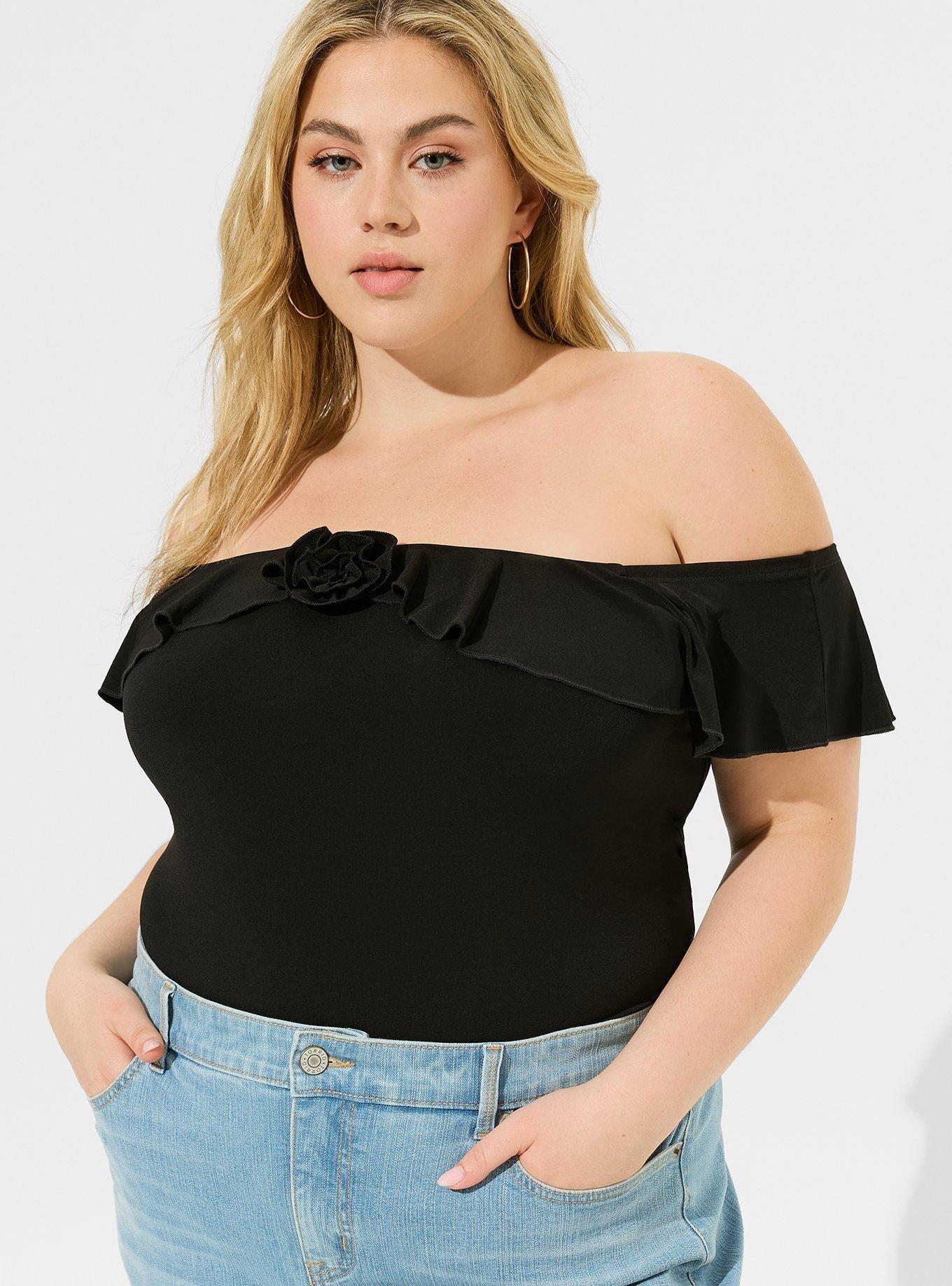 Studio Knit Off Shoulder Ruffle Rosette Top