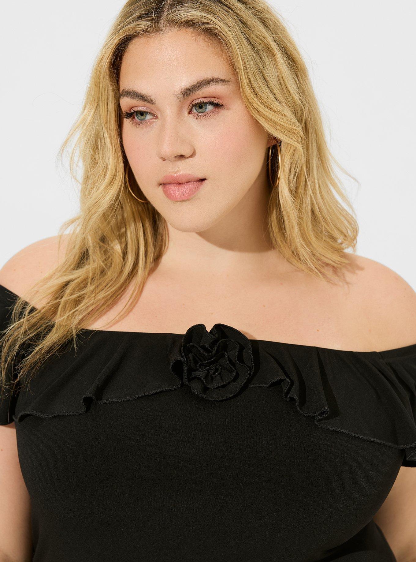 Studio Knit Off Shoulder Ruffle Rosette Top