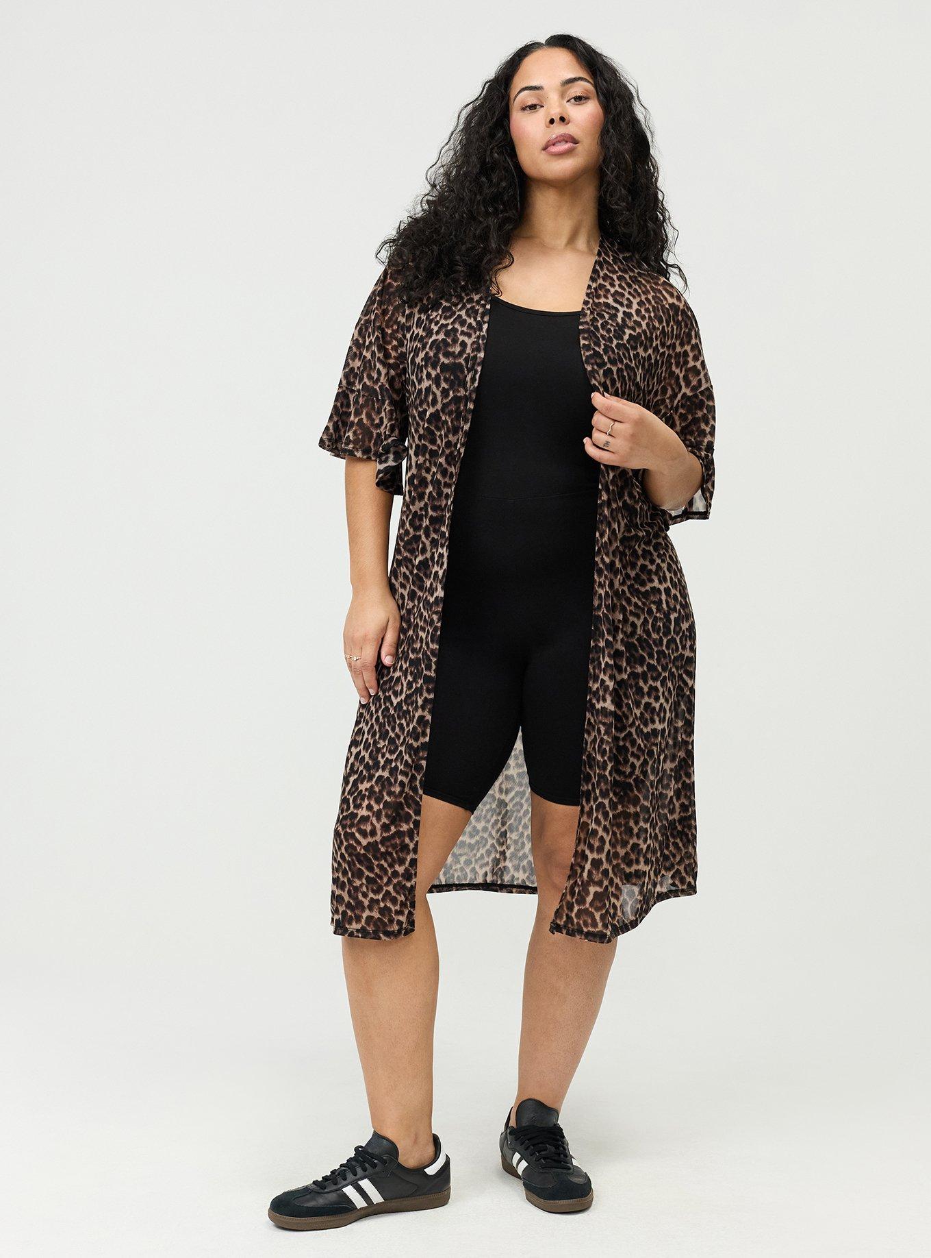 Mesh Ruffle Sleeve Kimono, ON THE PROWL LEOPARD BROWN, hi-res