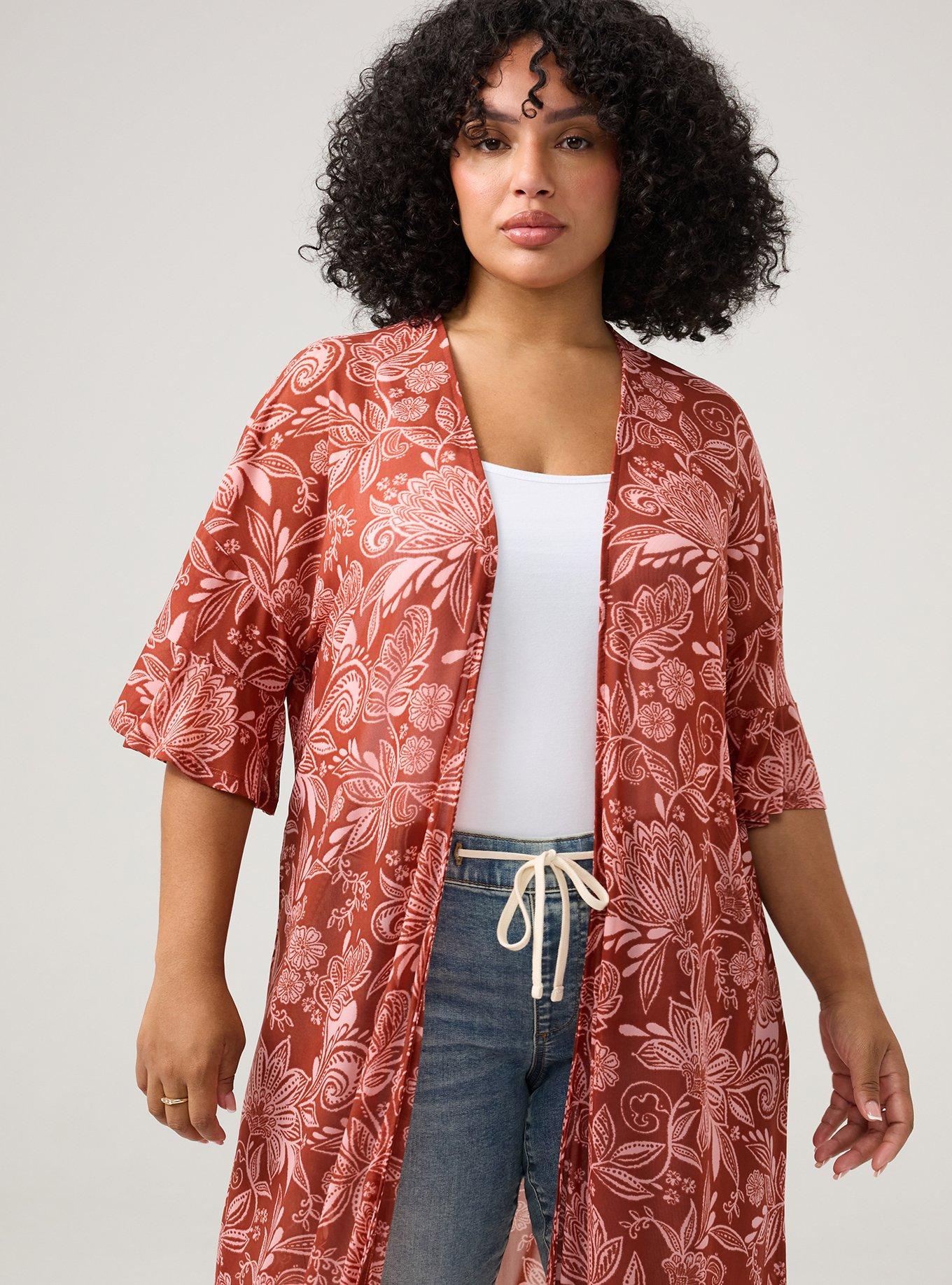 Mesh Ruffle Sleeve Kimono, SHANA FLORAL BRICK, alternate