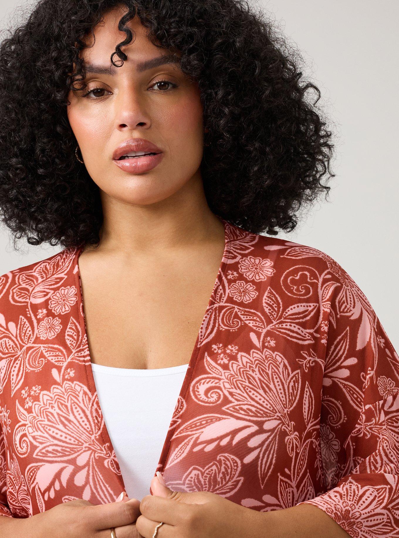 Mesh Ruffle Sleeve Kimono, SHANA FLORAL BRICK, alternate