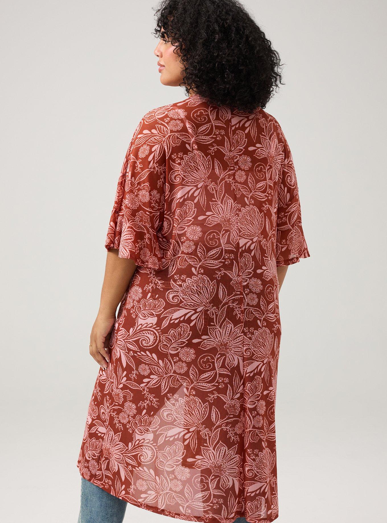 Mesh Ruffle Sleeve Kimono, SHANA FLORAL BRICK, alternate