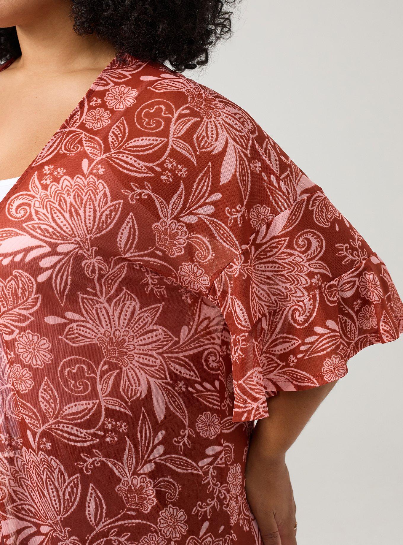Mesh Ruffle Sleeve Kimono, SHANA FLORAL BRICK, alternate