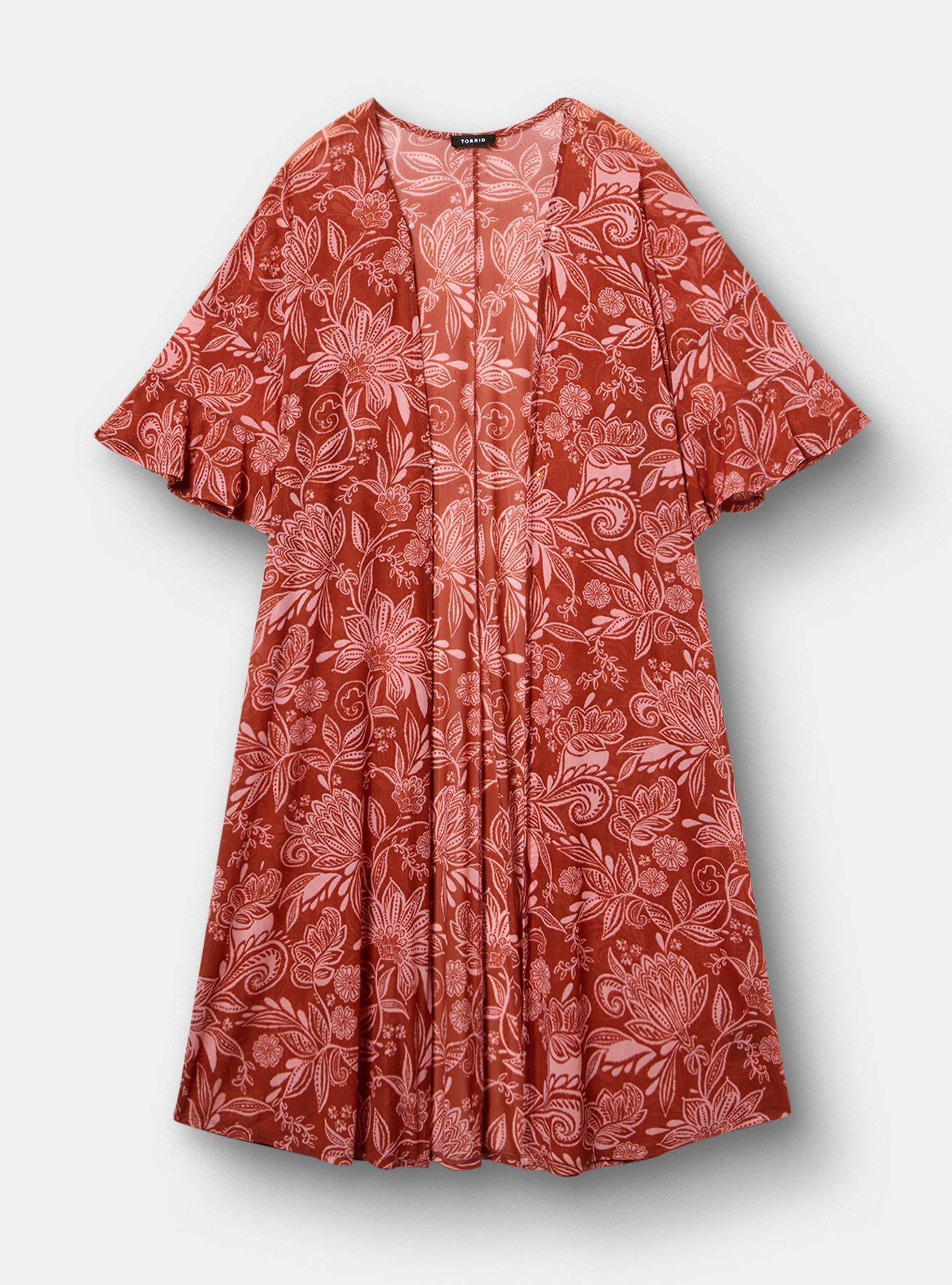 Mesh Ruffle Sleeve Kimono, SHANA FLORAL BRICK, flat