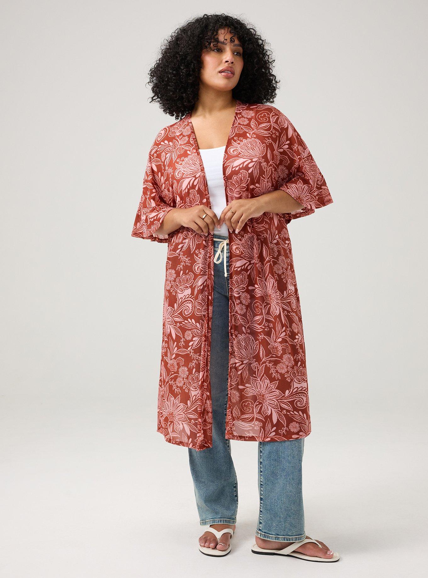 Mesh Ruffle Sleeve Kimono, SHANA FLORAL BRICK, hi-res