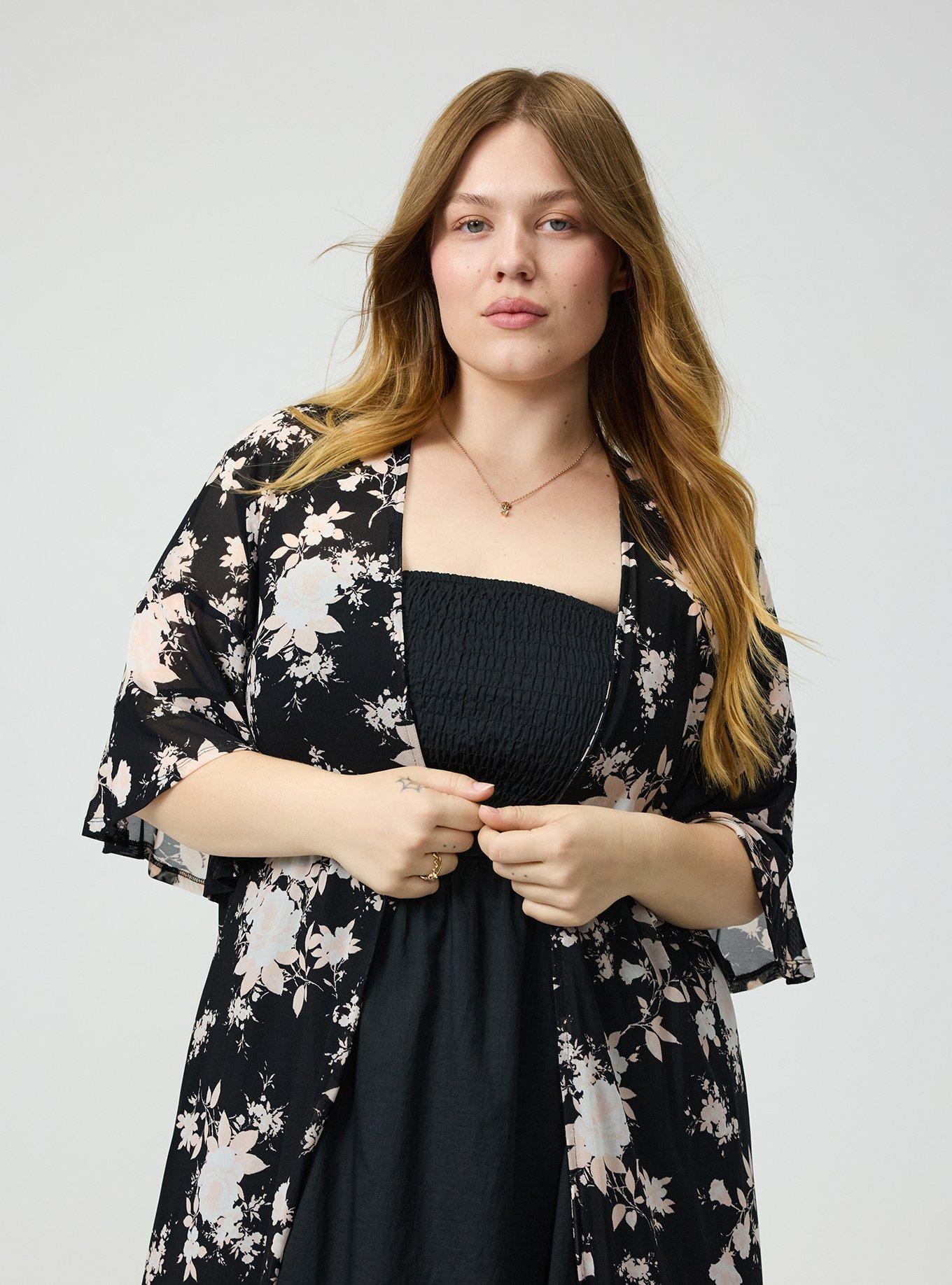 Mesh Ruffle Sleeve Kimono, ILLUMINATED FLORAL BLACK, alternate