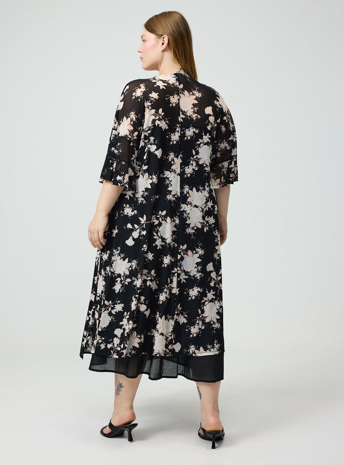Mesh Ruffle Sleeve Kimono, ILLUMINATED FLORAL BLACK, alternate